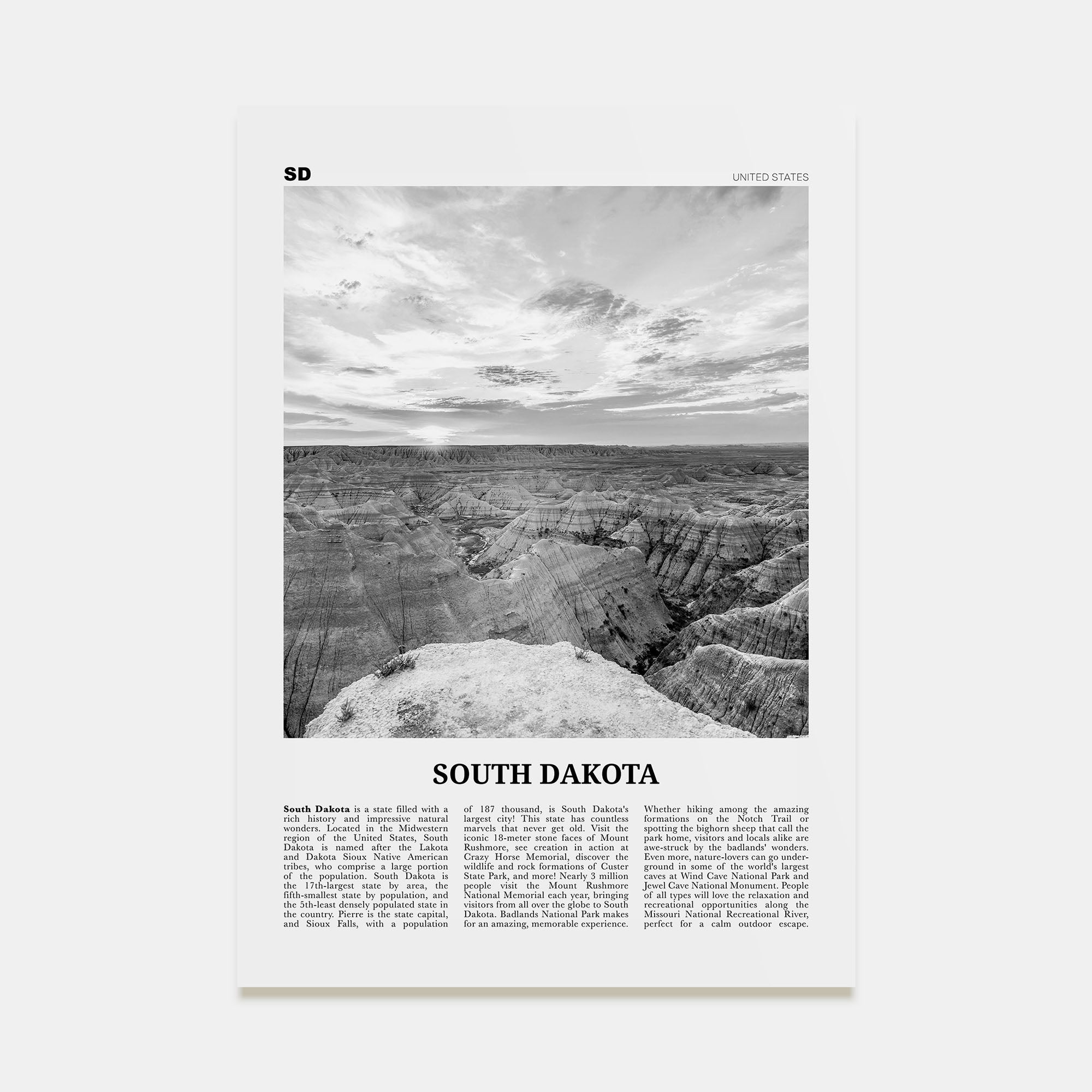 South Dakota Travel B&W No 2 Poster