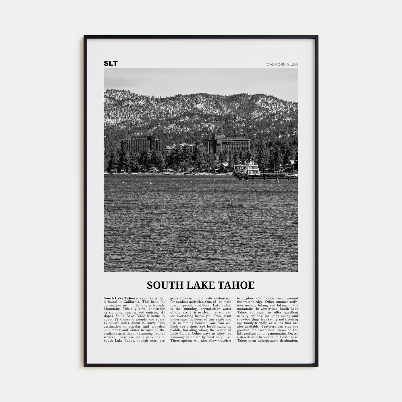 South Lake Tahoe Travel B&W Poster
