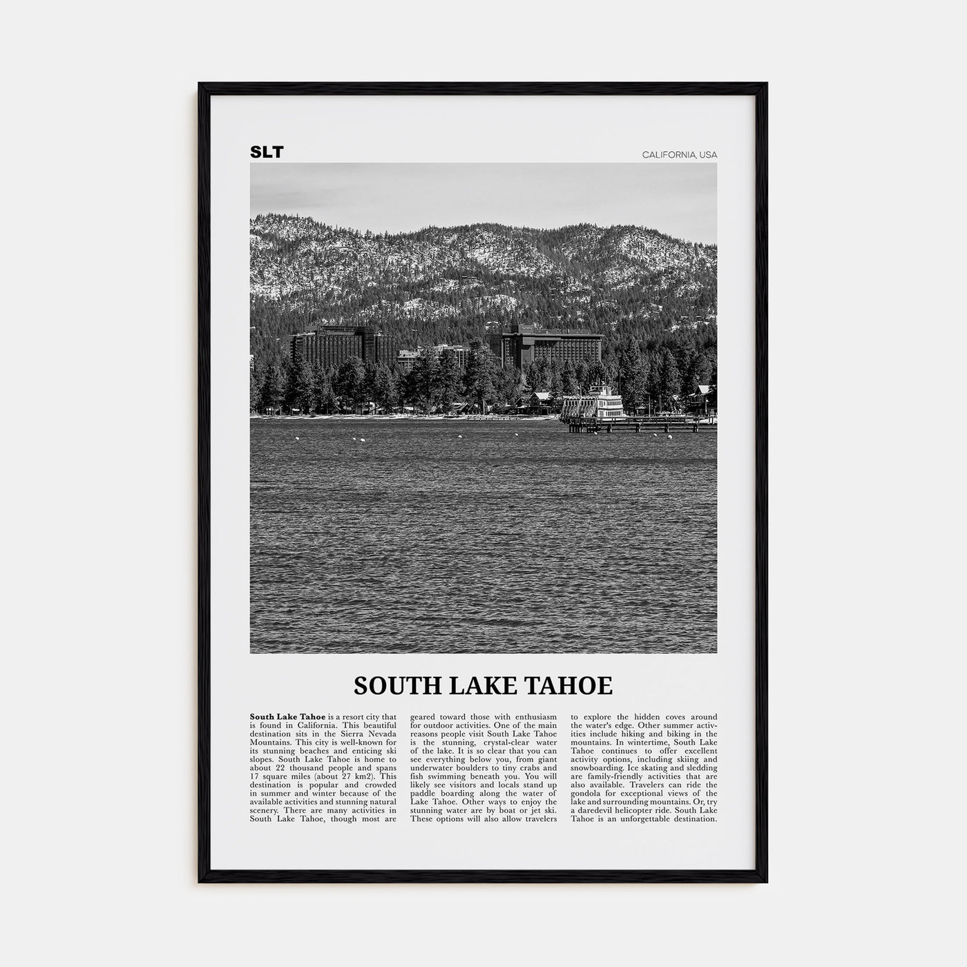 South Lake Tahoe Travel B&W Poster
