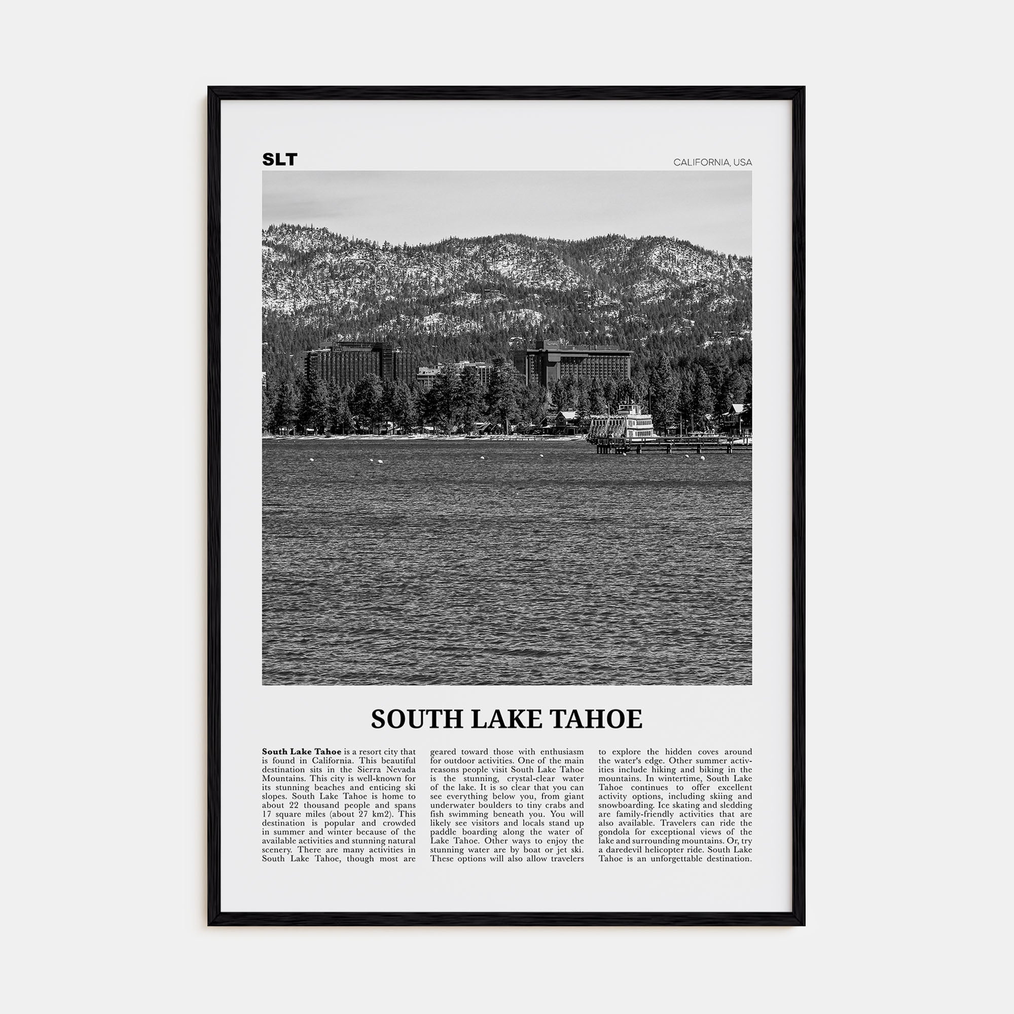 South Lake Tahoe Travel B&W Poster