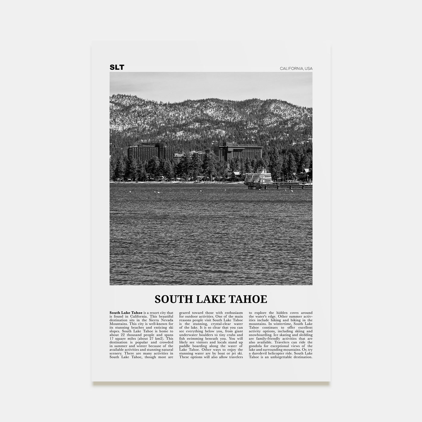 South Lake Tahoe Travel B&W Poster
