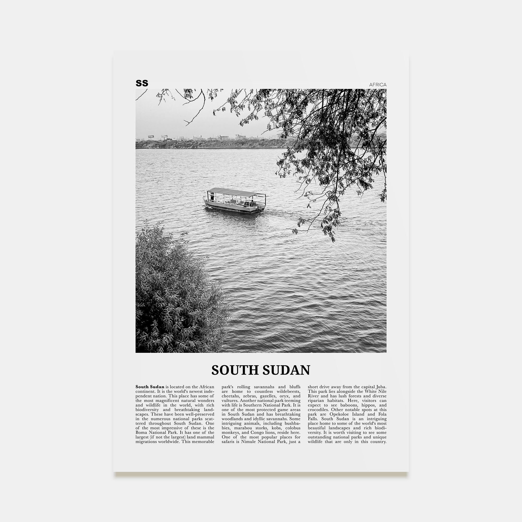 South Sudan Travel B&W Poster
