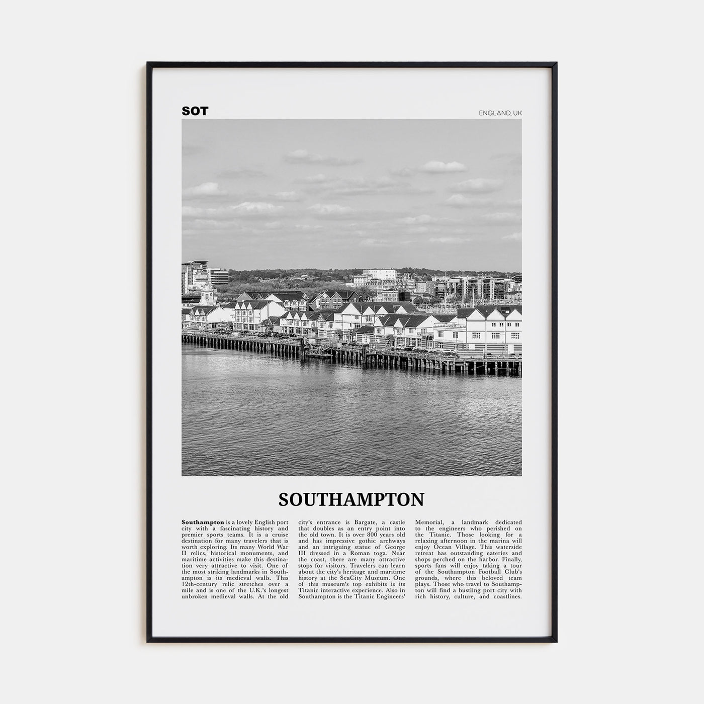 Southampton, England Travel B&W Poster