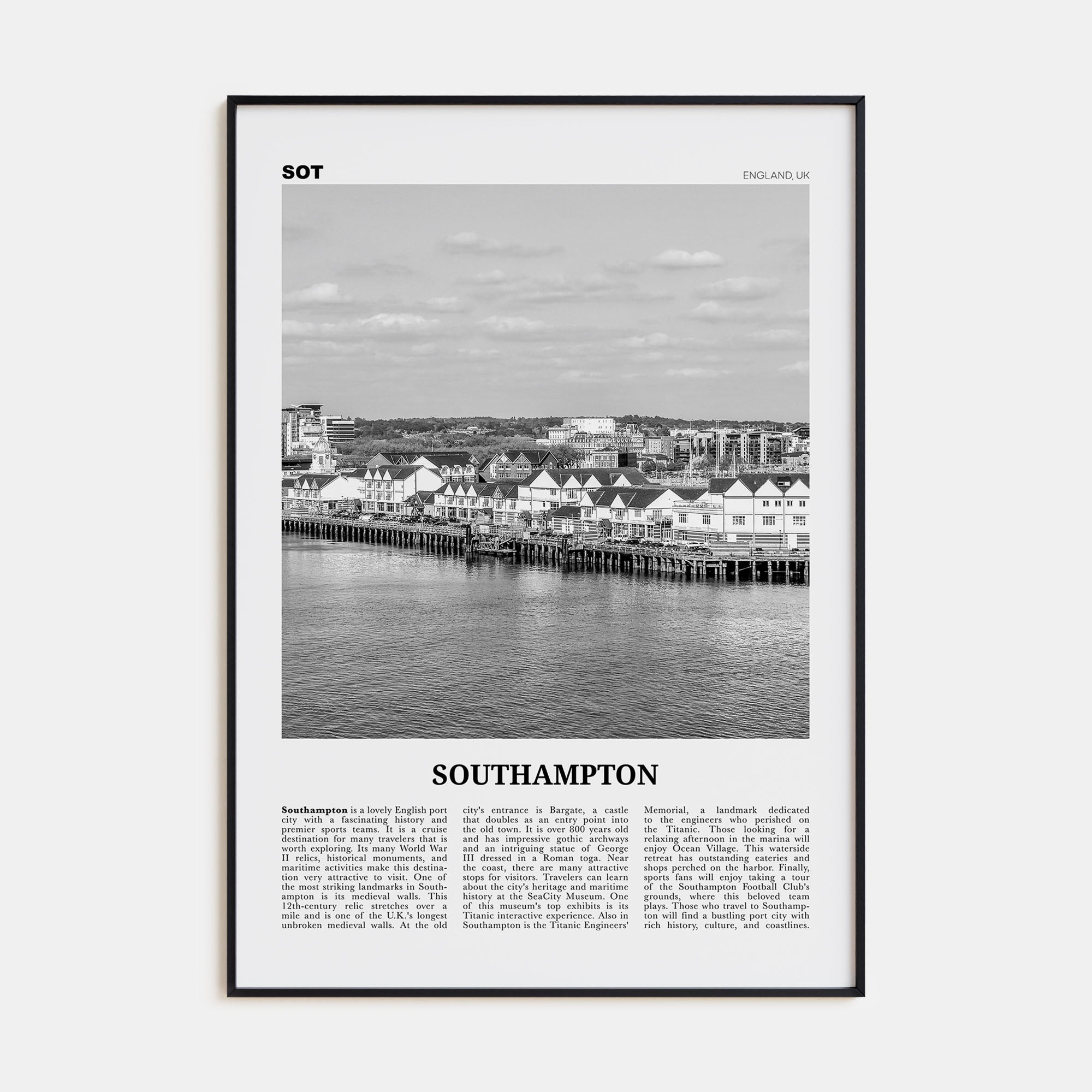 Southampton, England Travel B&W Poster