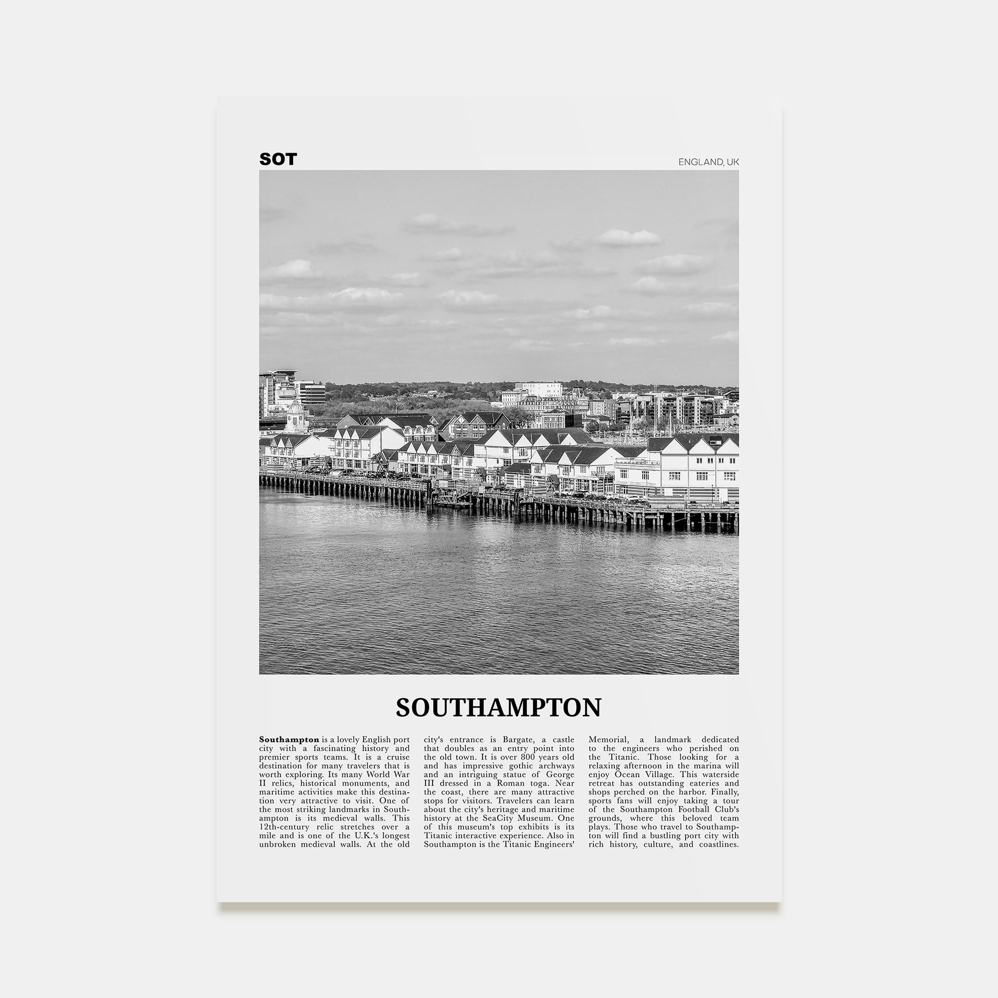 Southampton, England Travel B&W Poster