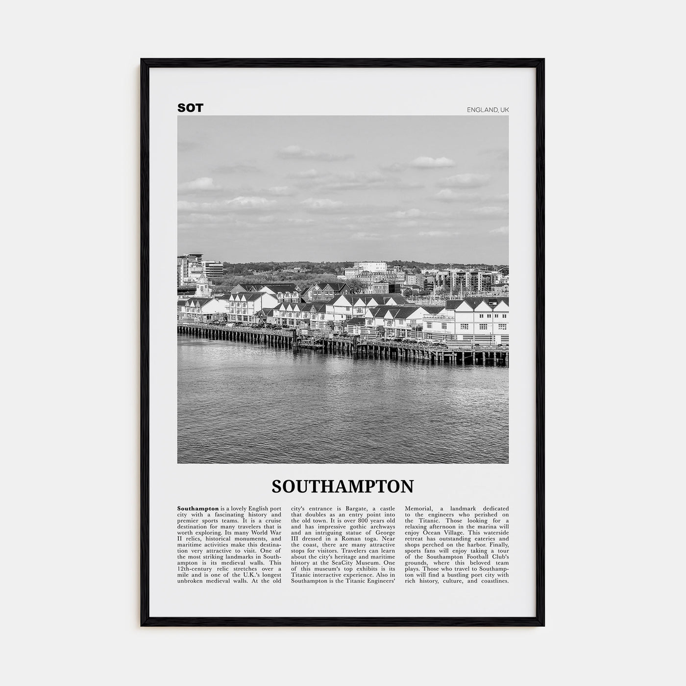Southampton, England Travel B&W Poster
