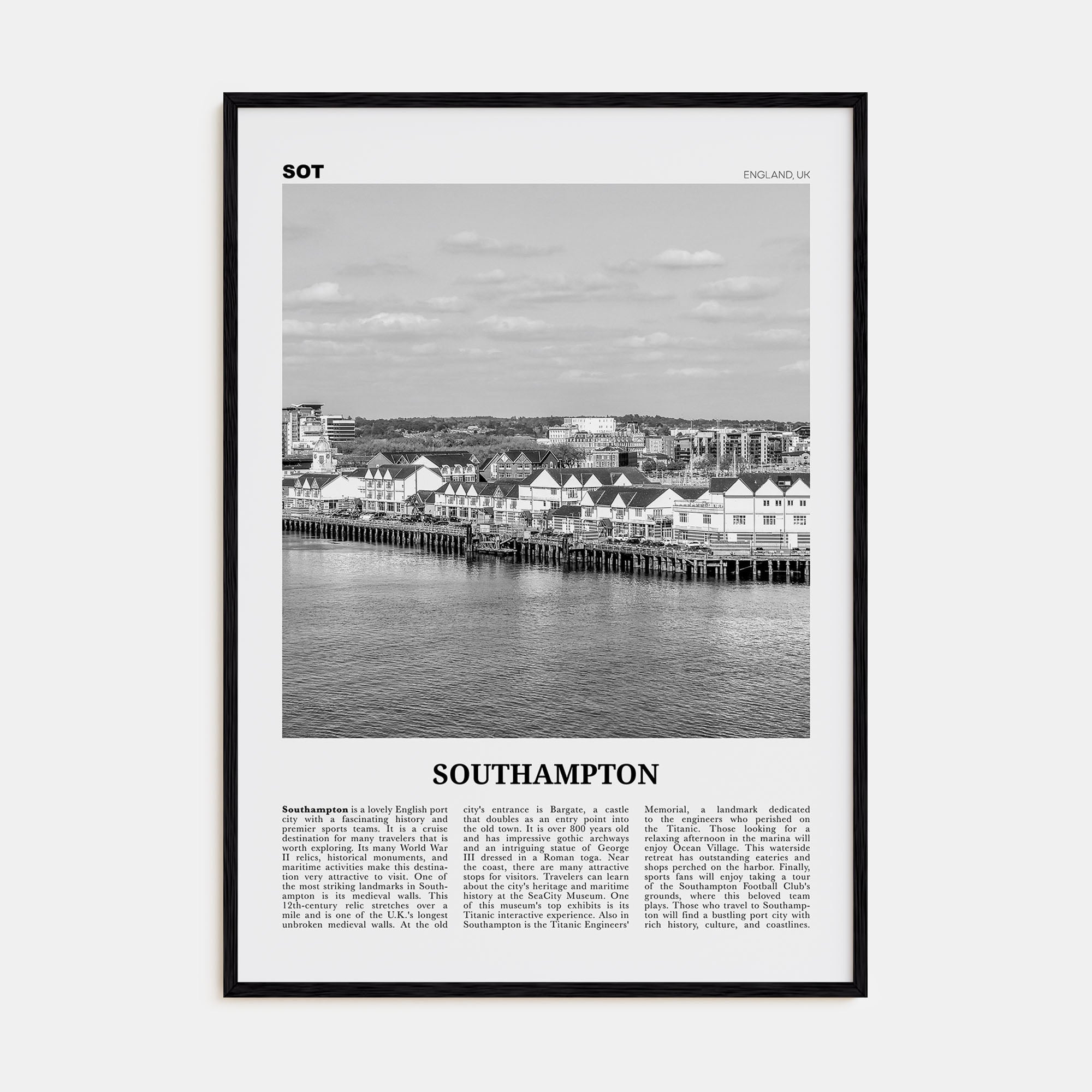 Southampton, England Travel B&W Poster