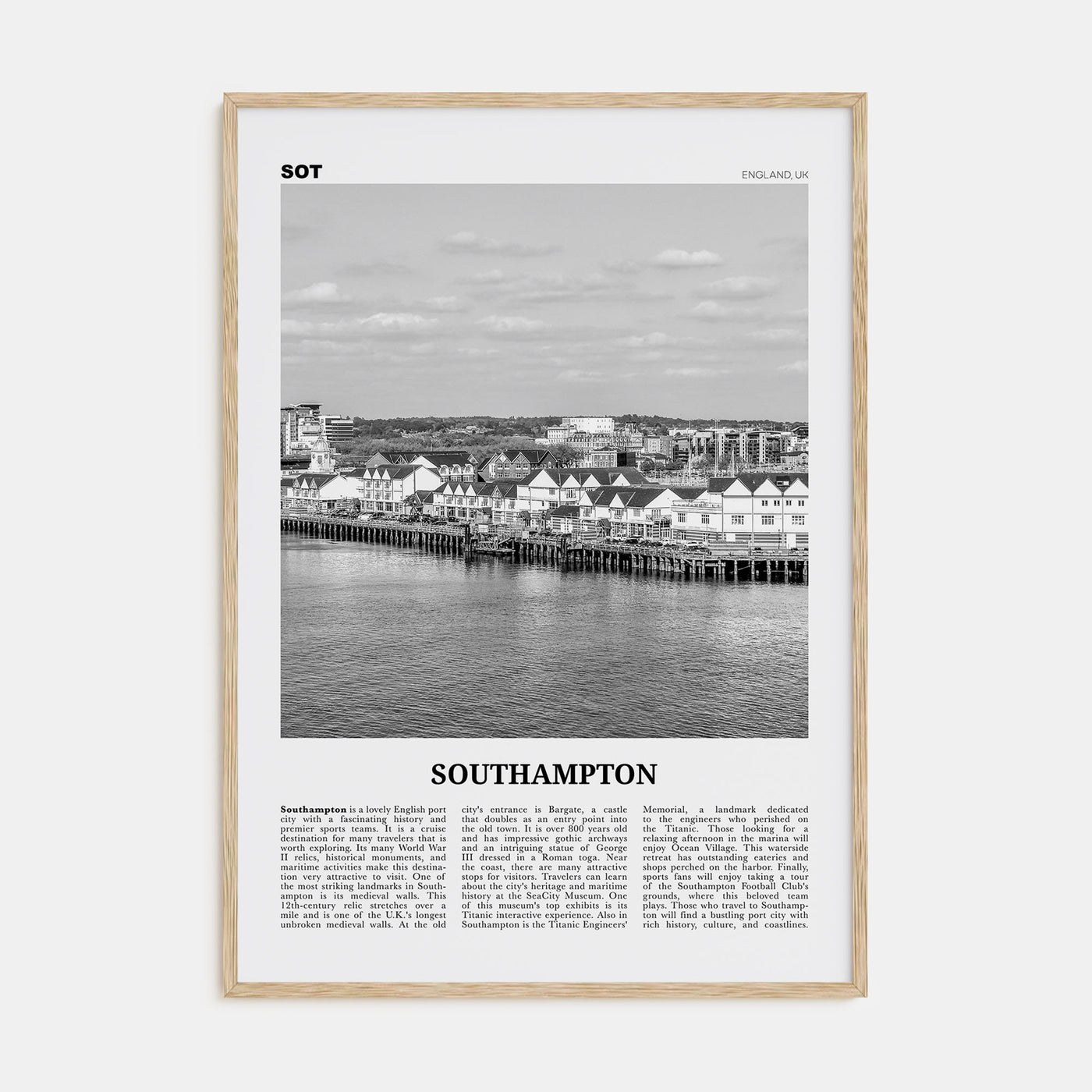 Southampton, England Travel B&W Poster