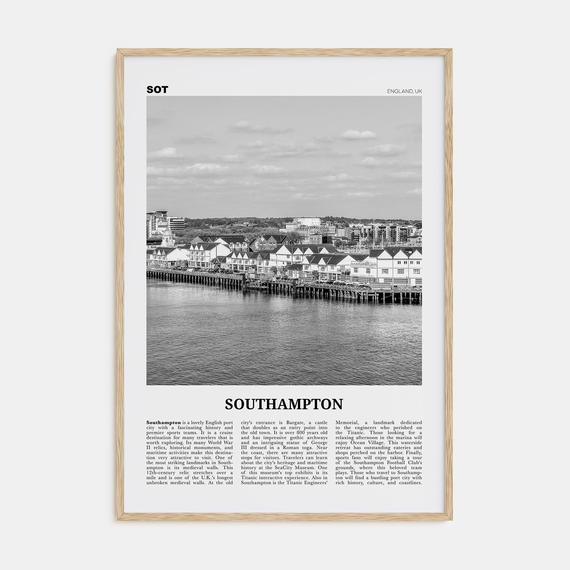 Southampton, England Travel B&W Poster