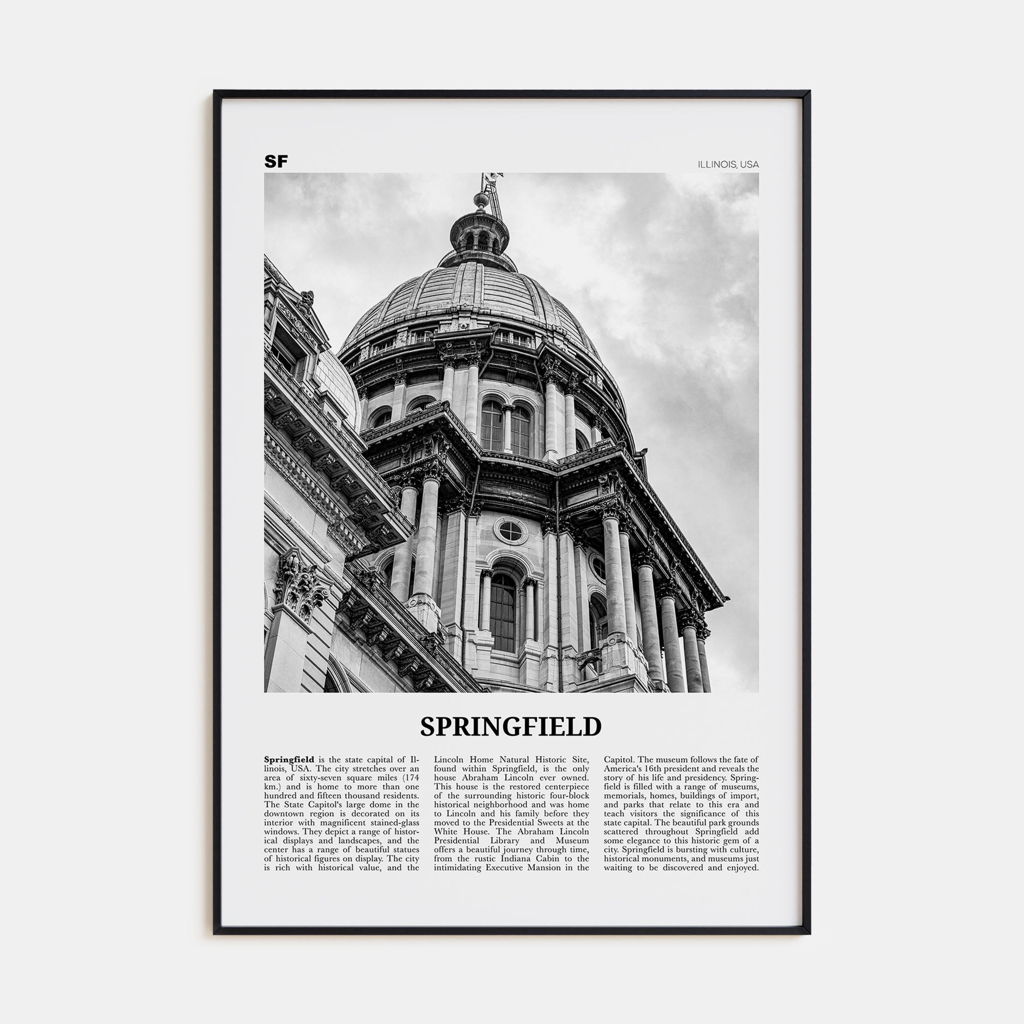 Springfield, Illinois Travel B&W Poster