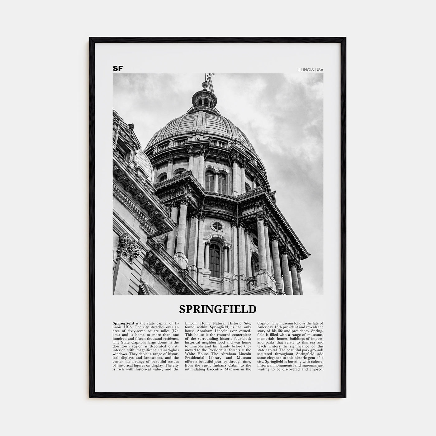 Springfield, Illinois Travel B&W Poster