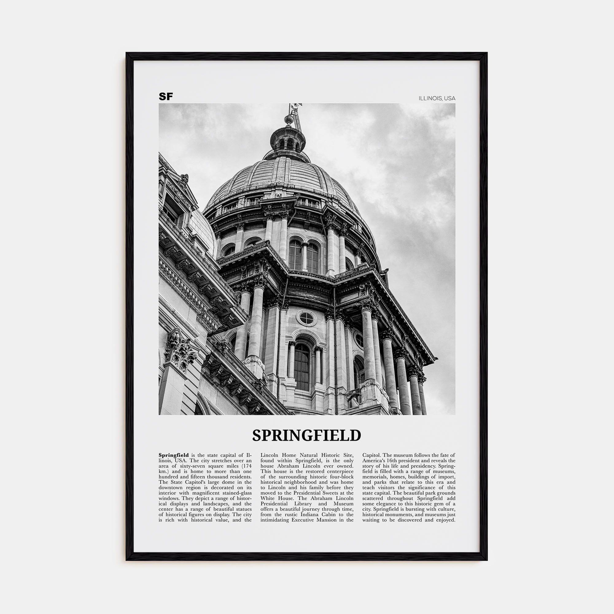 Springfield, Illinois Travel B&W Poster