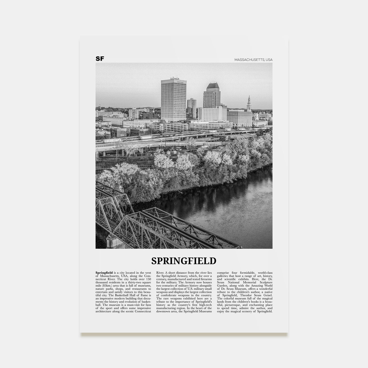 Springfield, Massachusetts Travel B&W Poster