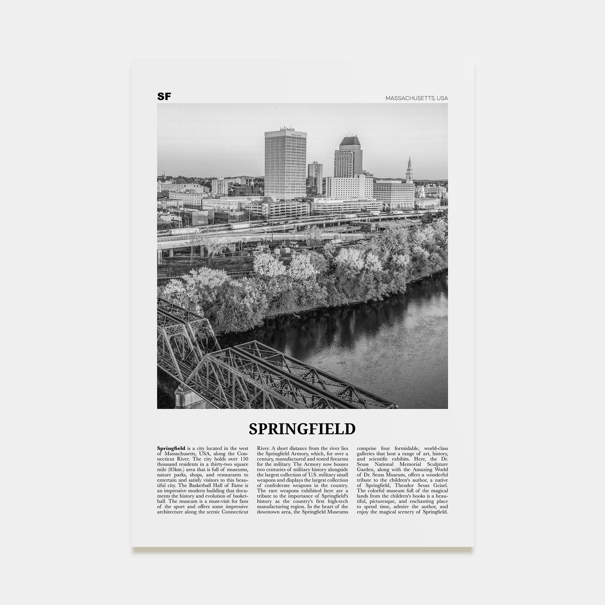 Springfield, Massachusetts Travel B&W Poster