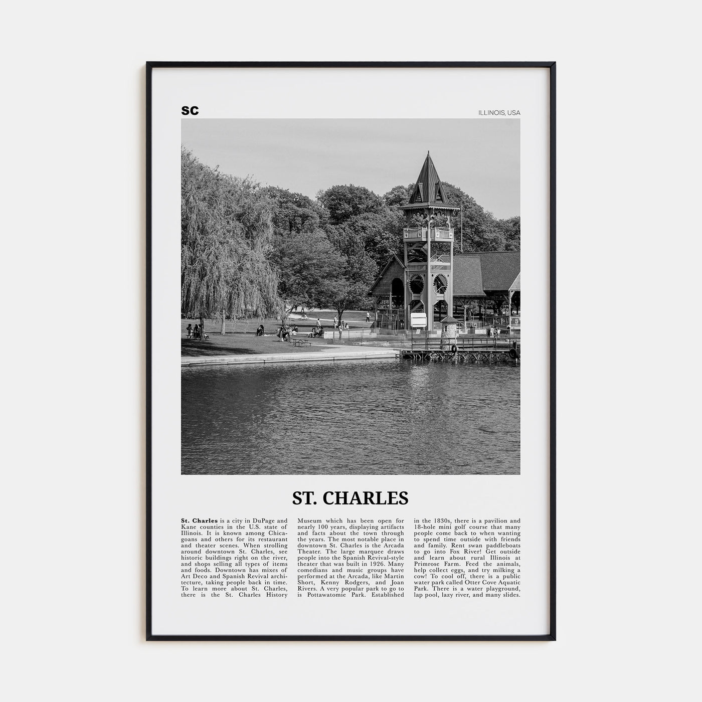 St. Charles, Illinois Travel B&W Poster