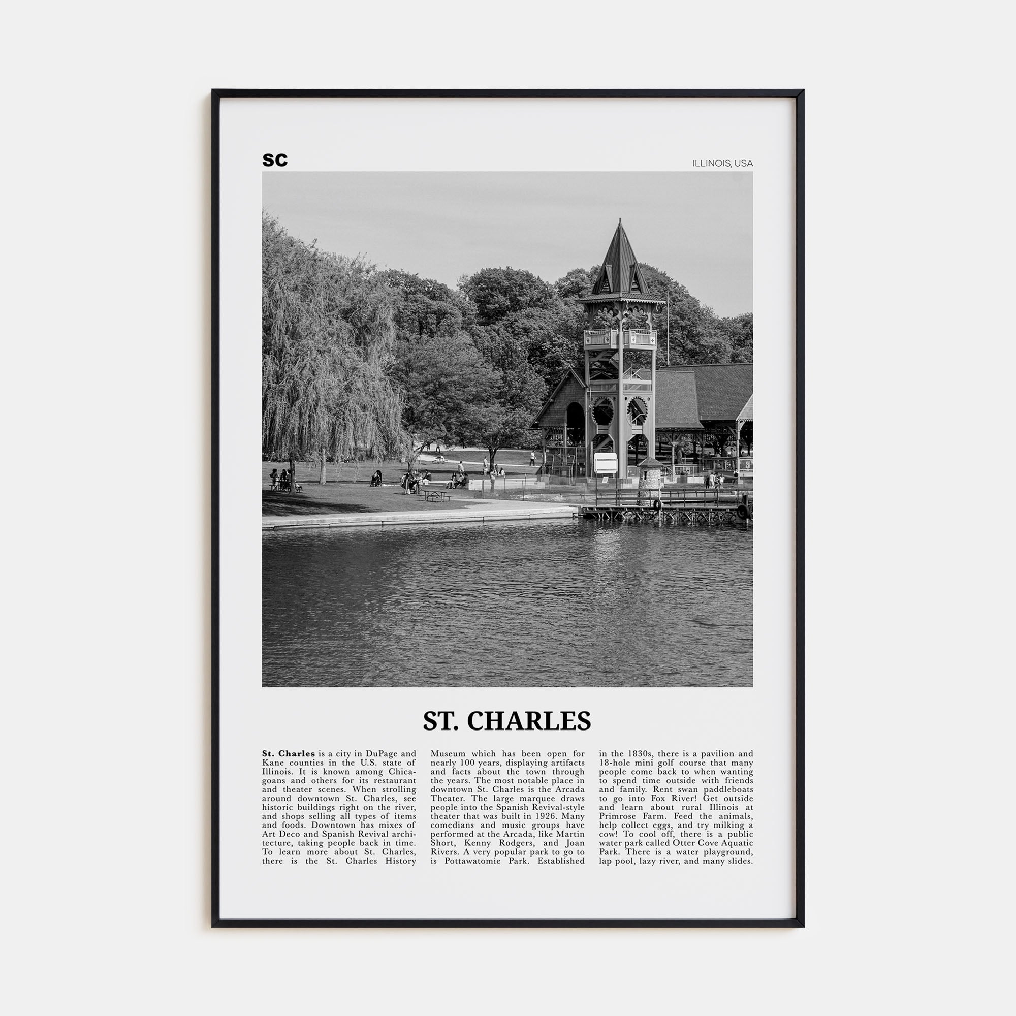 St. Charles, Illinois Travel B&W Poster