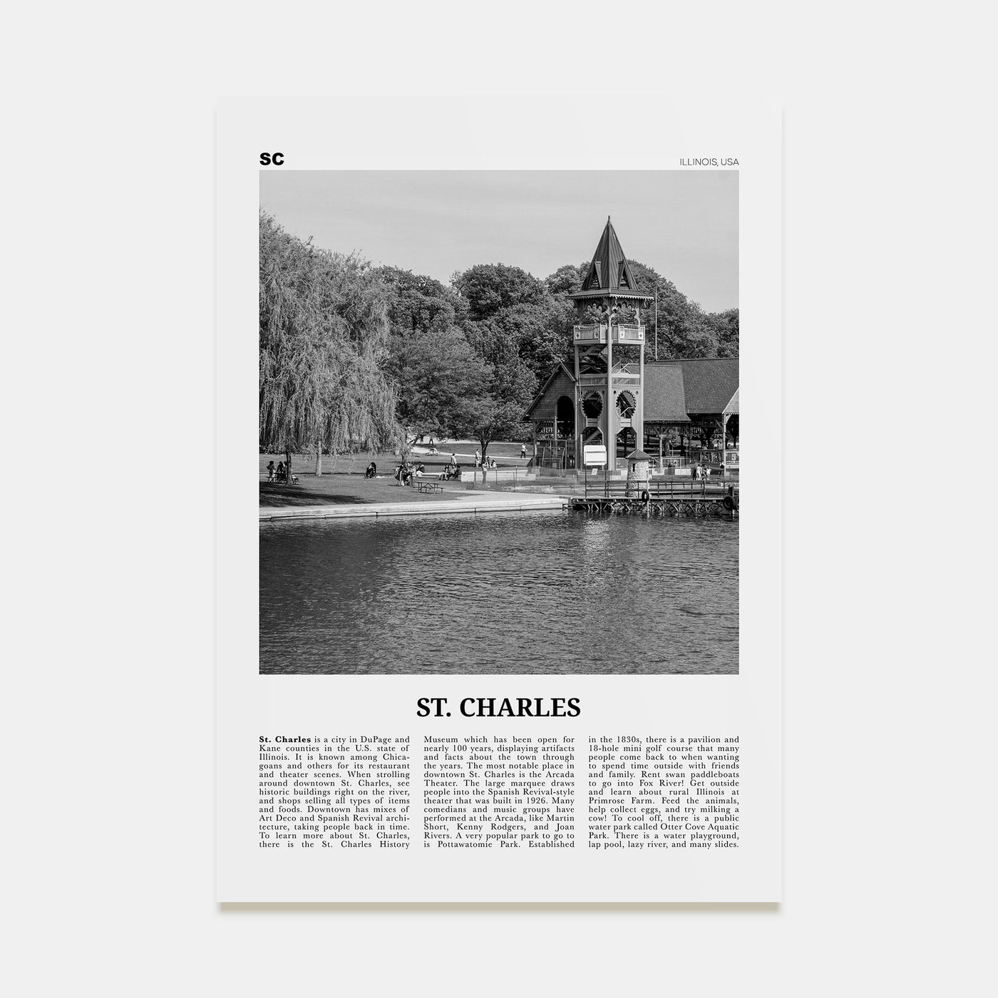 St. Charles, Illinois Travel B&W Poster