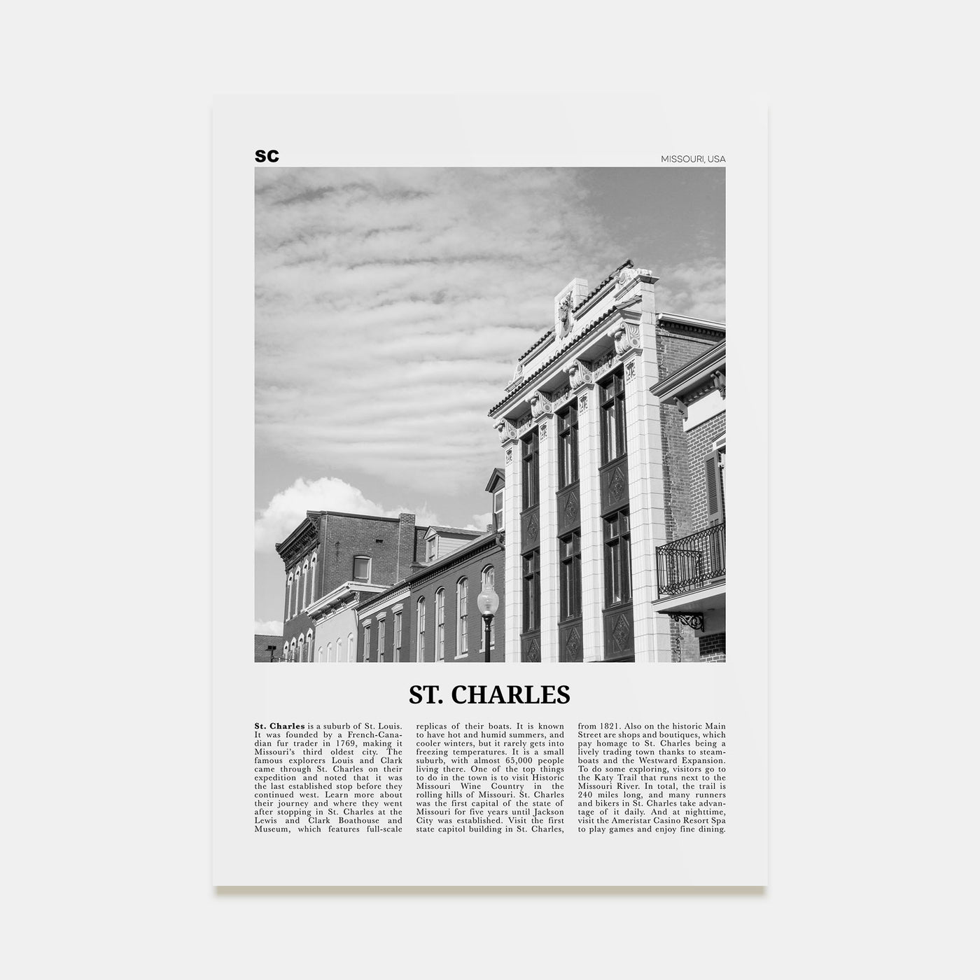 St. Charles, Missouri Travel B&W Poster