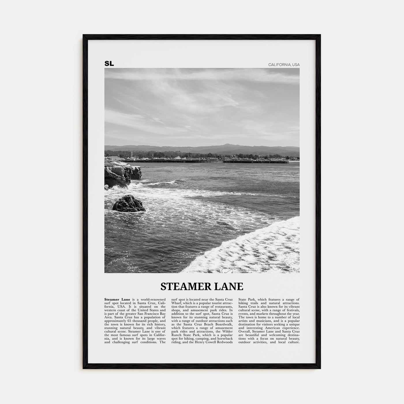 Steamer Lane Travel B&W Poster