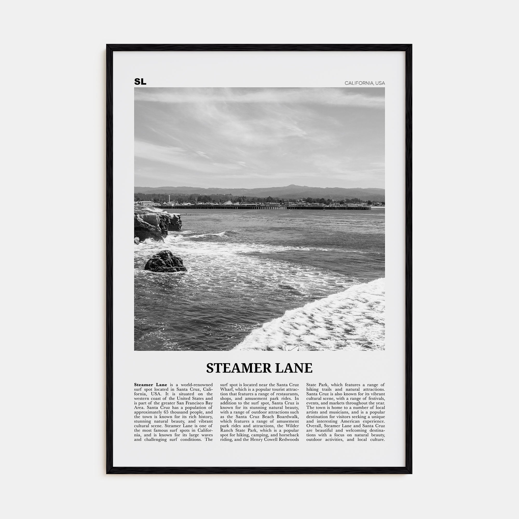 Steamer Lane Travel B&W Poster