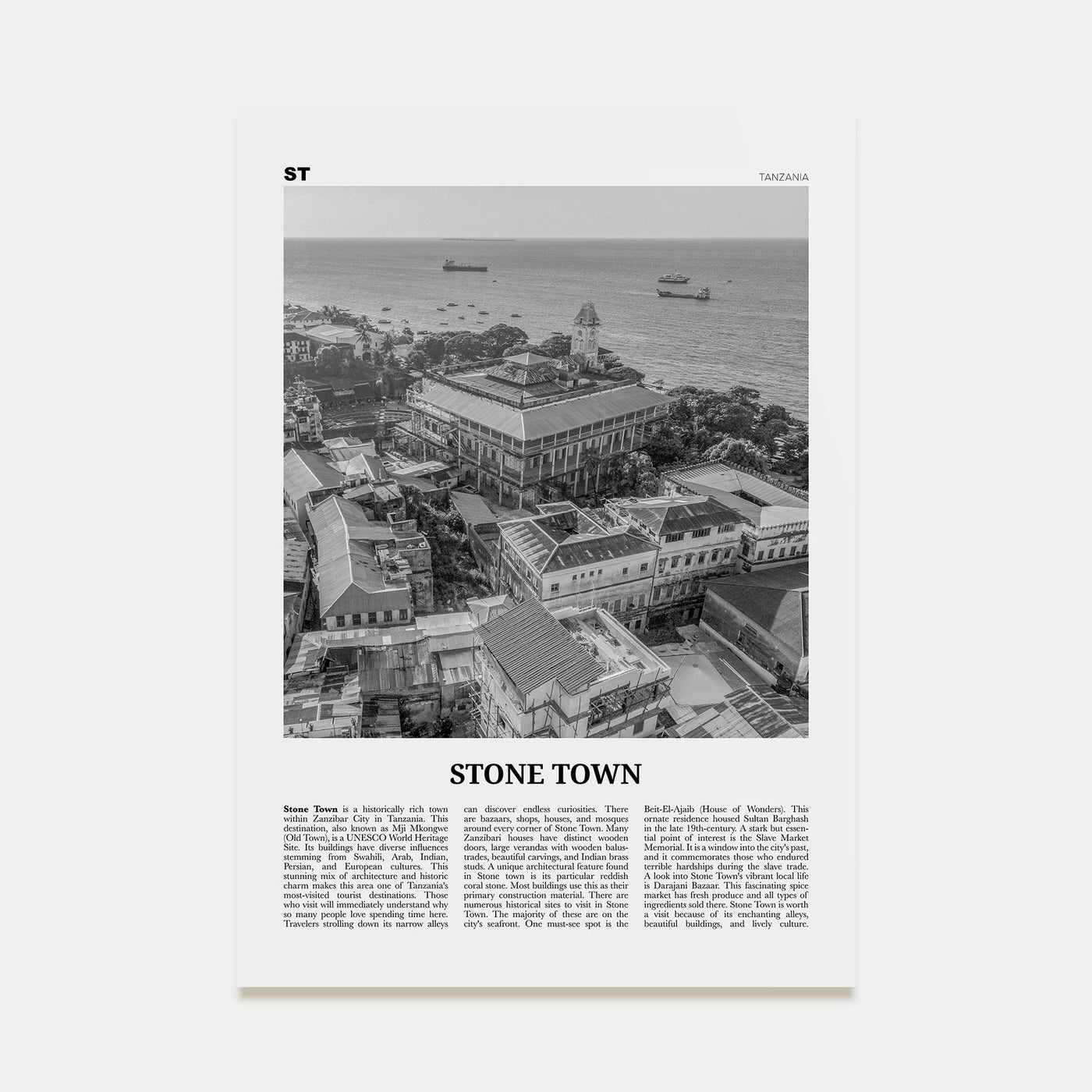 Stone Town Travel B&W Poster