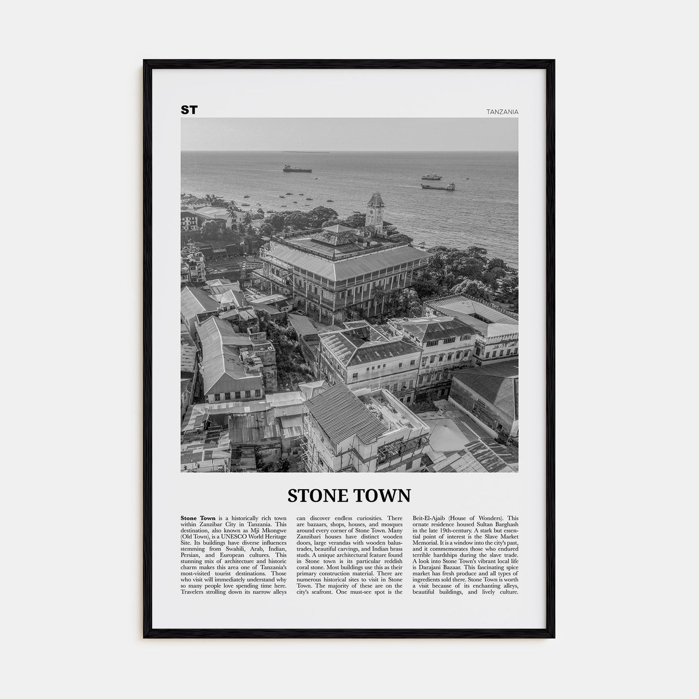 Stone Town Travel B&W Poster