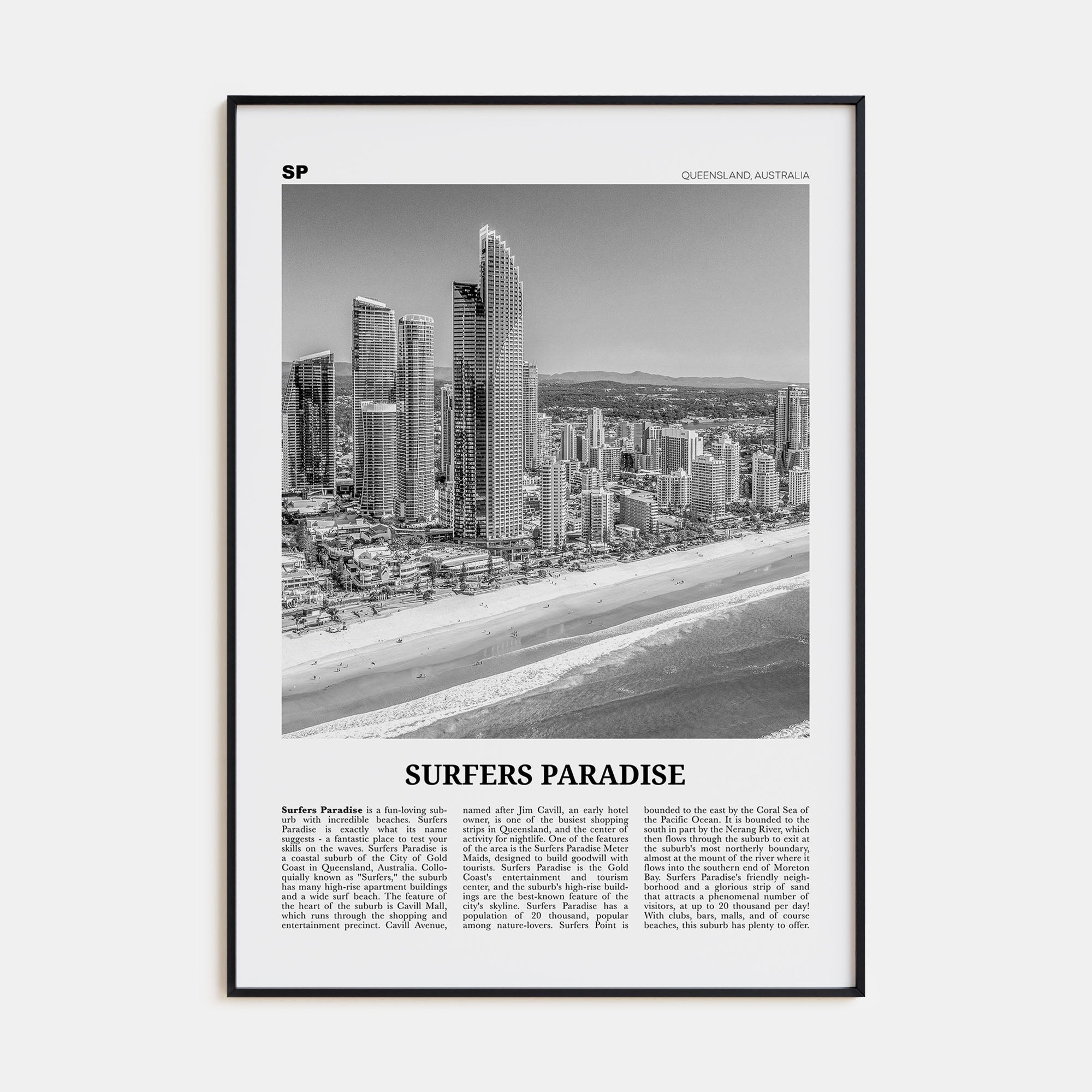 Surfers Paradise Travel B&W Poster
