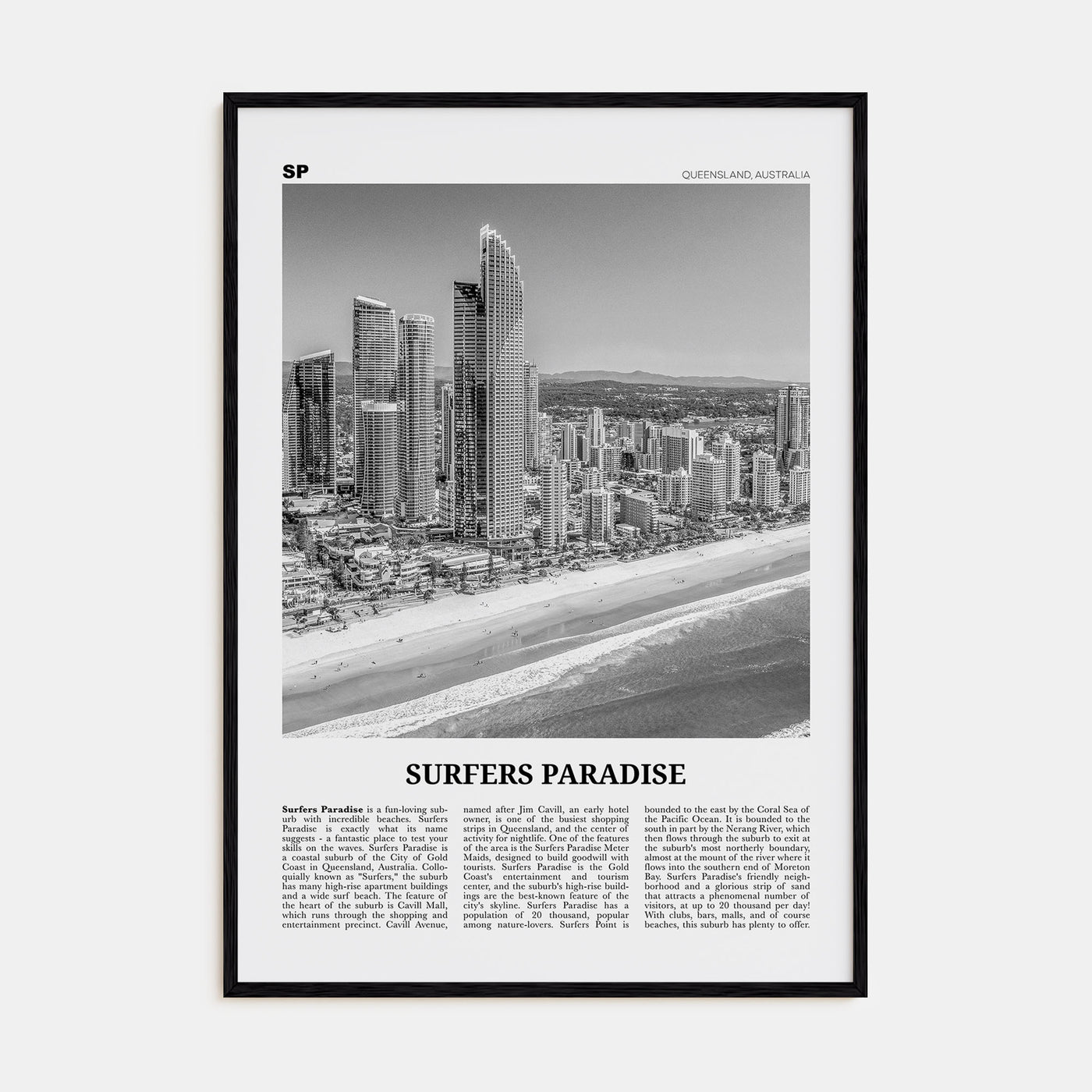 Surfers Paradise Travel B&W Poster
