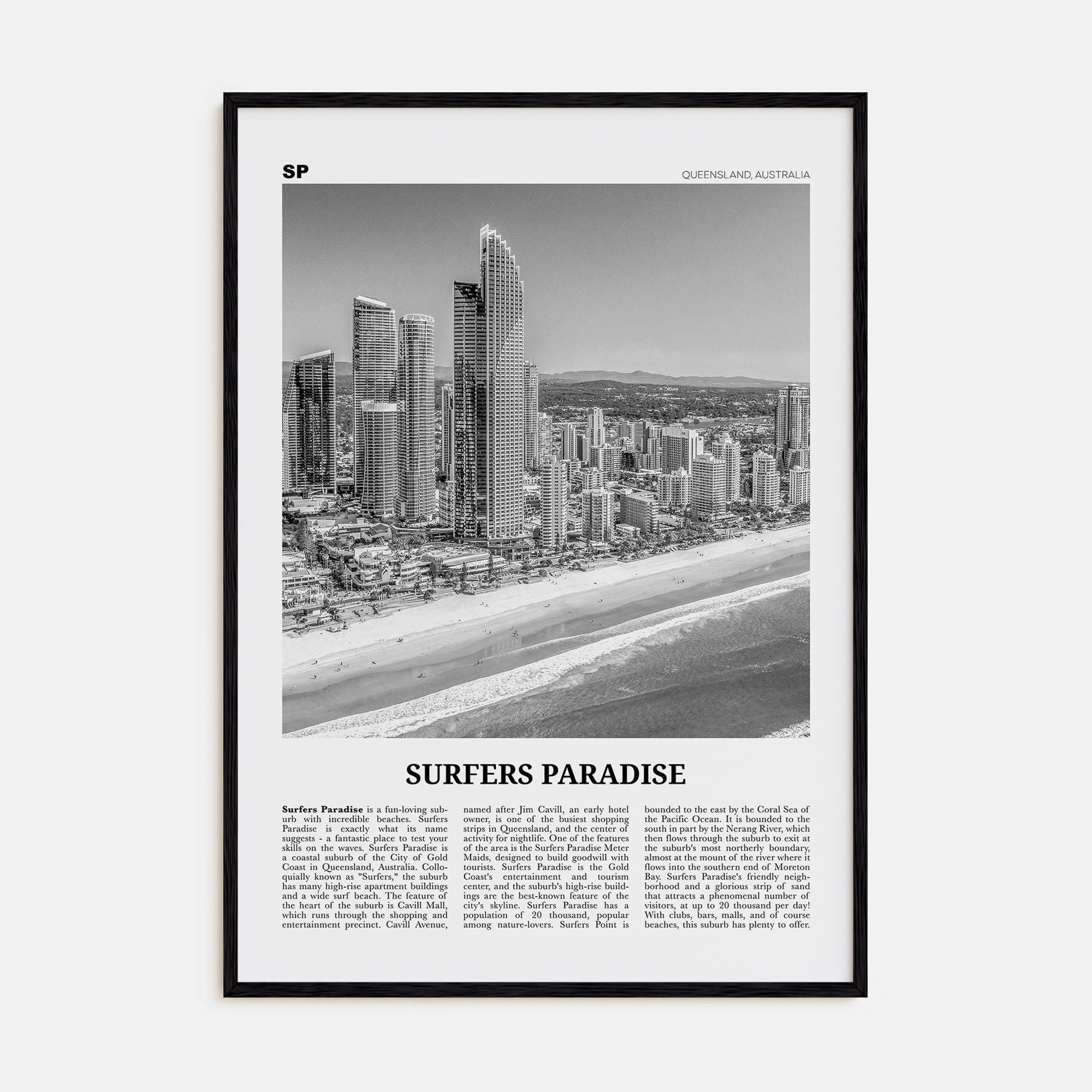 Surfers Paradise Travel B&W Poster
