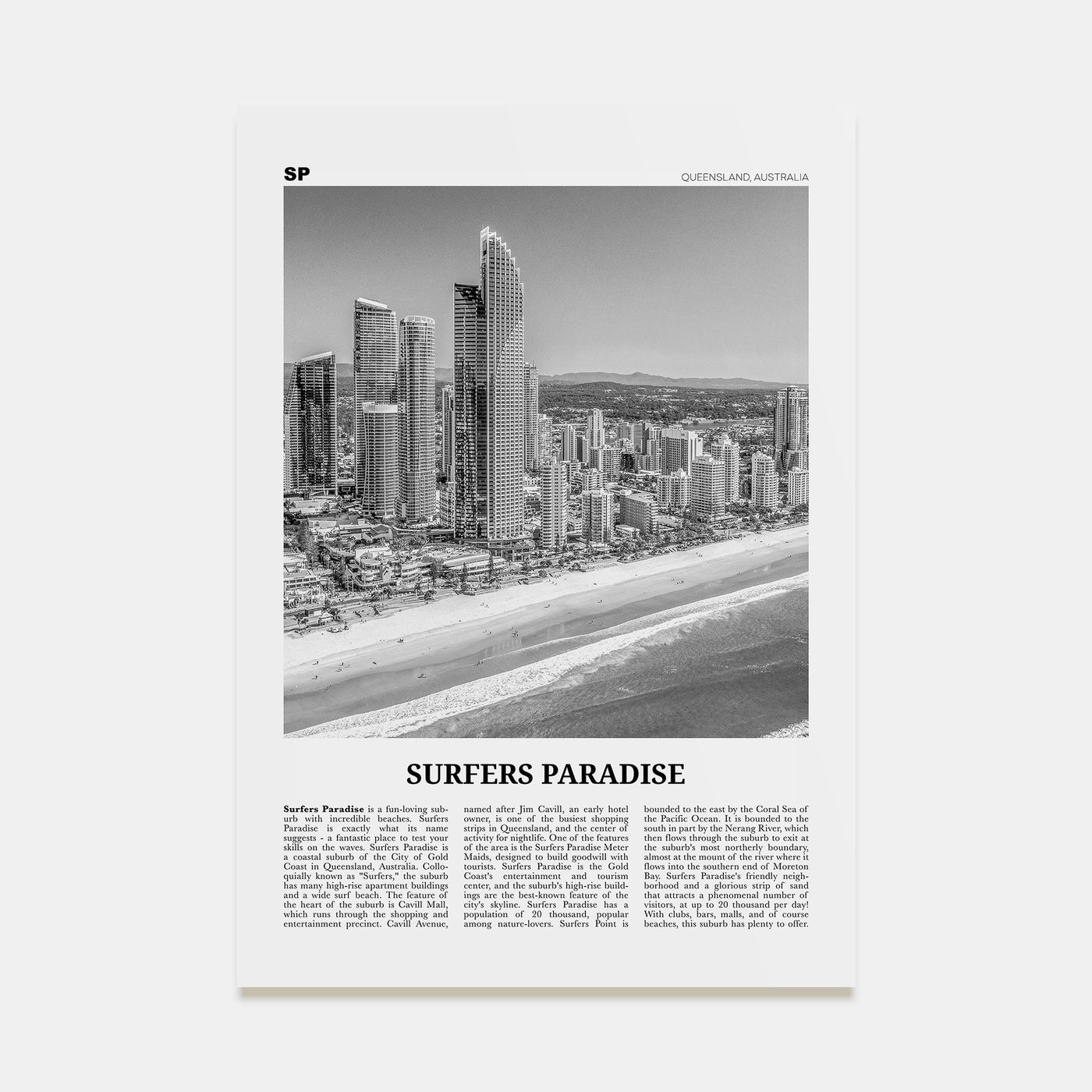 Surfers Paradise Travel B&W Poster