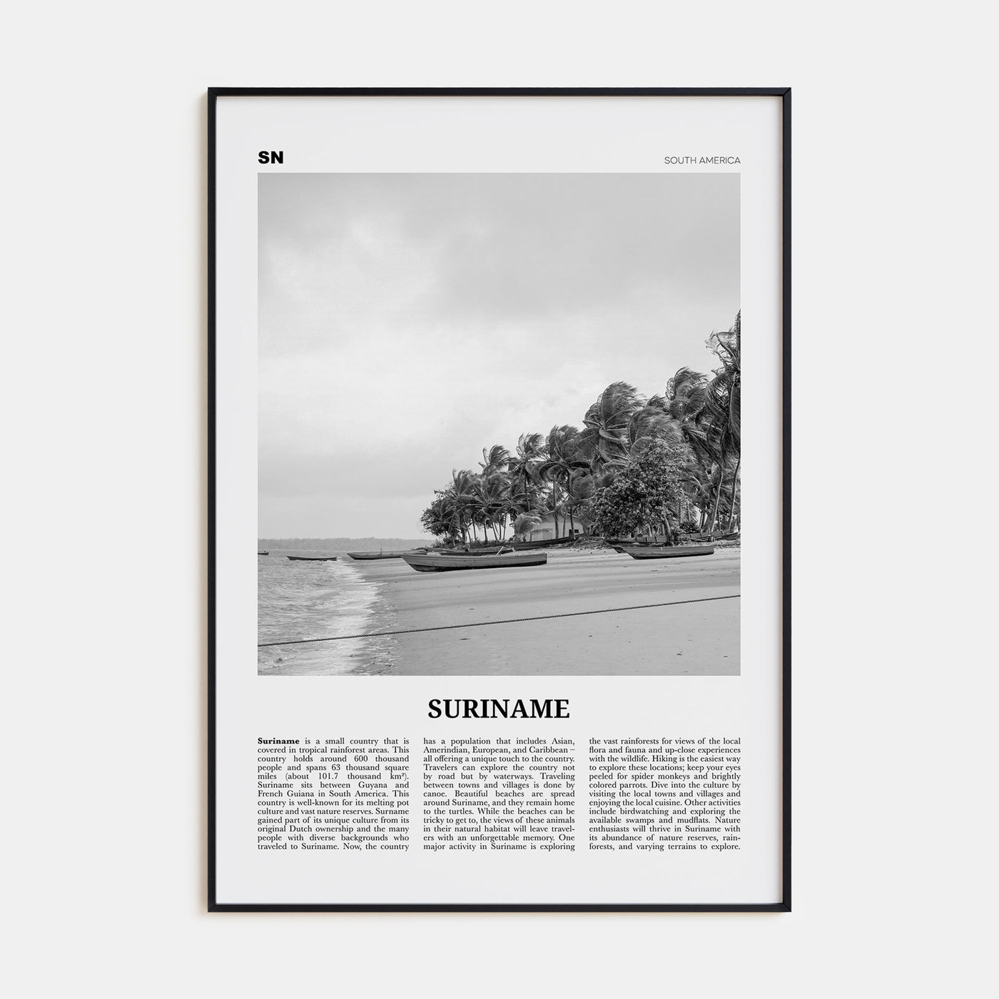 Suriname Travel B&W Poster