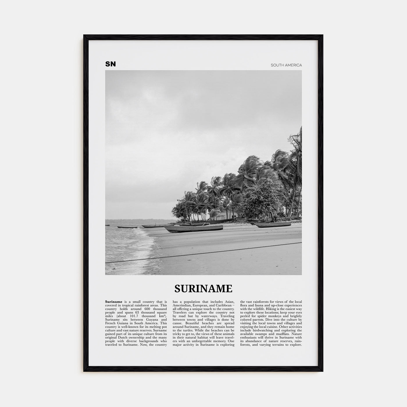 Suriname Travel B&W Poster