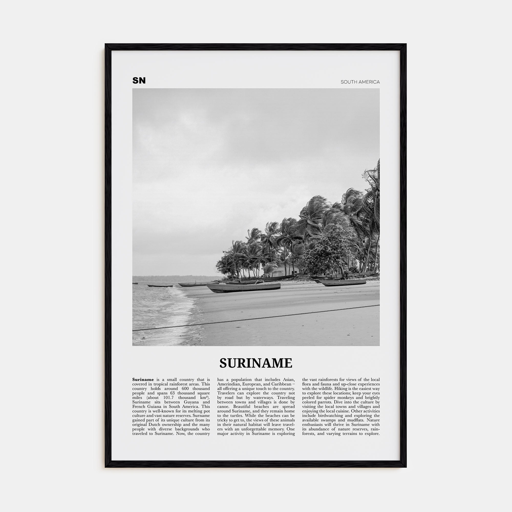 Suriname Travel B&W Poster
