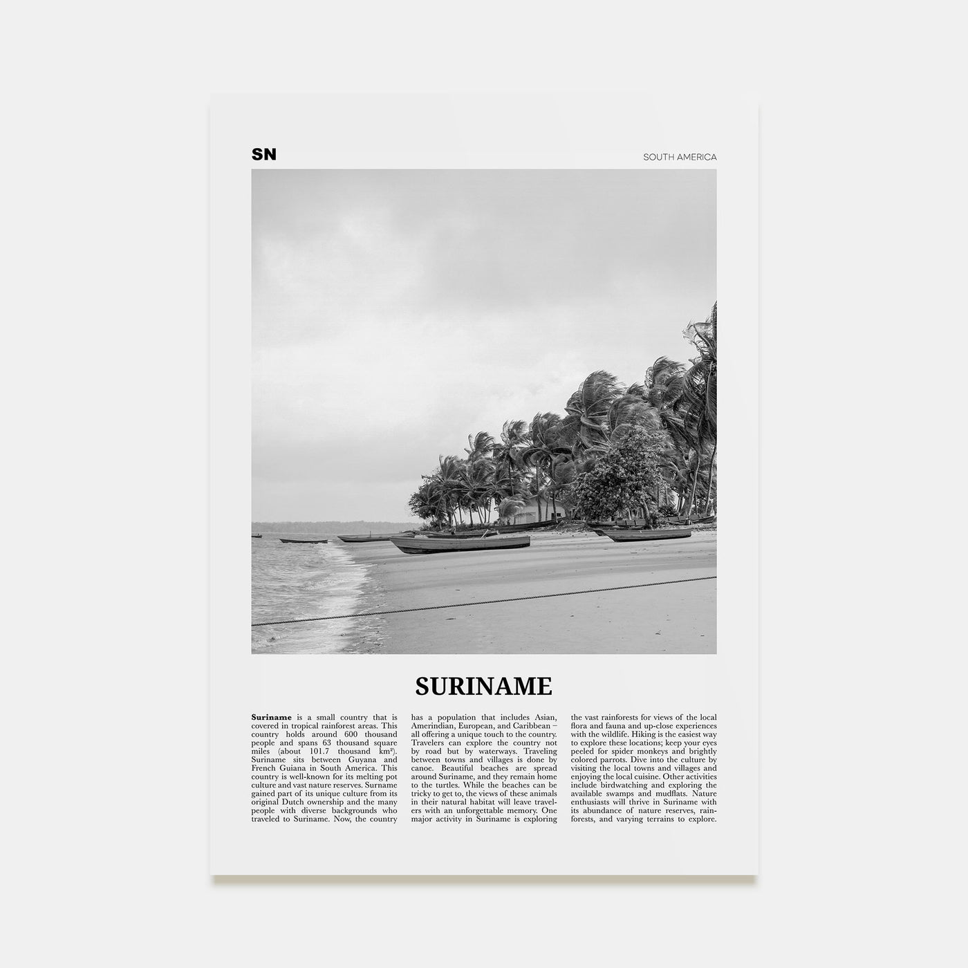 Suriname Travel B&W Poster