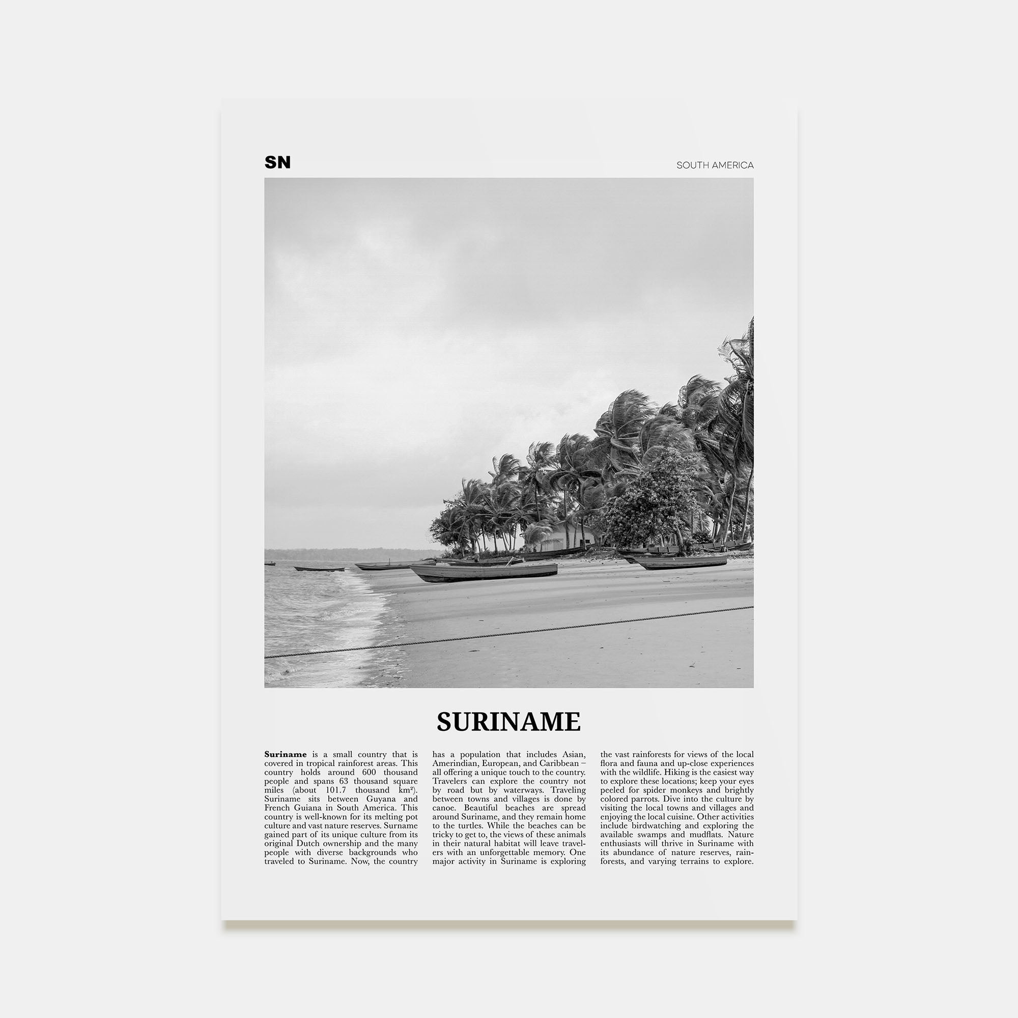 Suriname Travel B&W Poster
