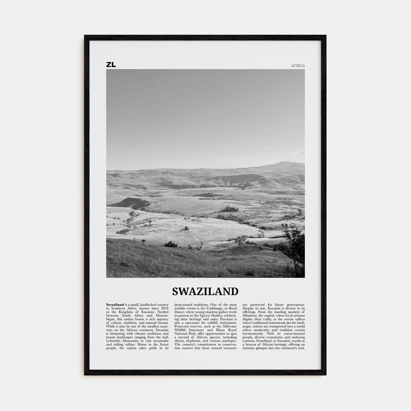Swaziland Travel B&W Poster