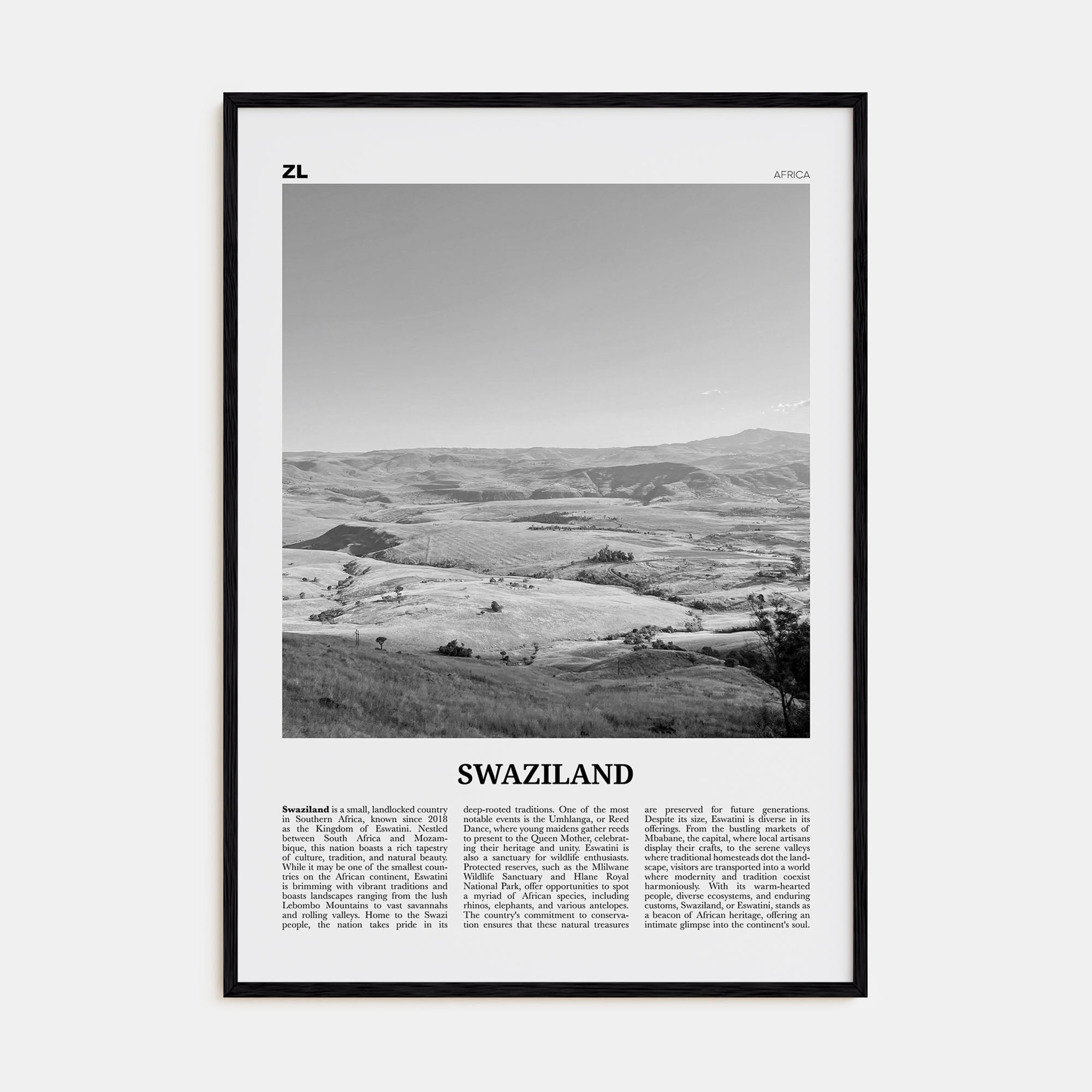 Swaziland Travel B&W Poster
