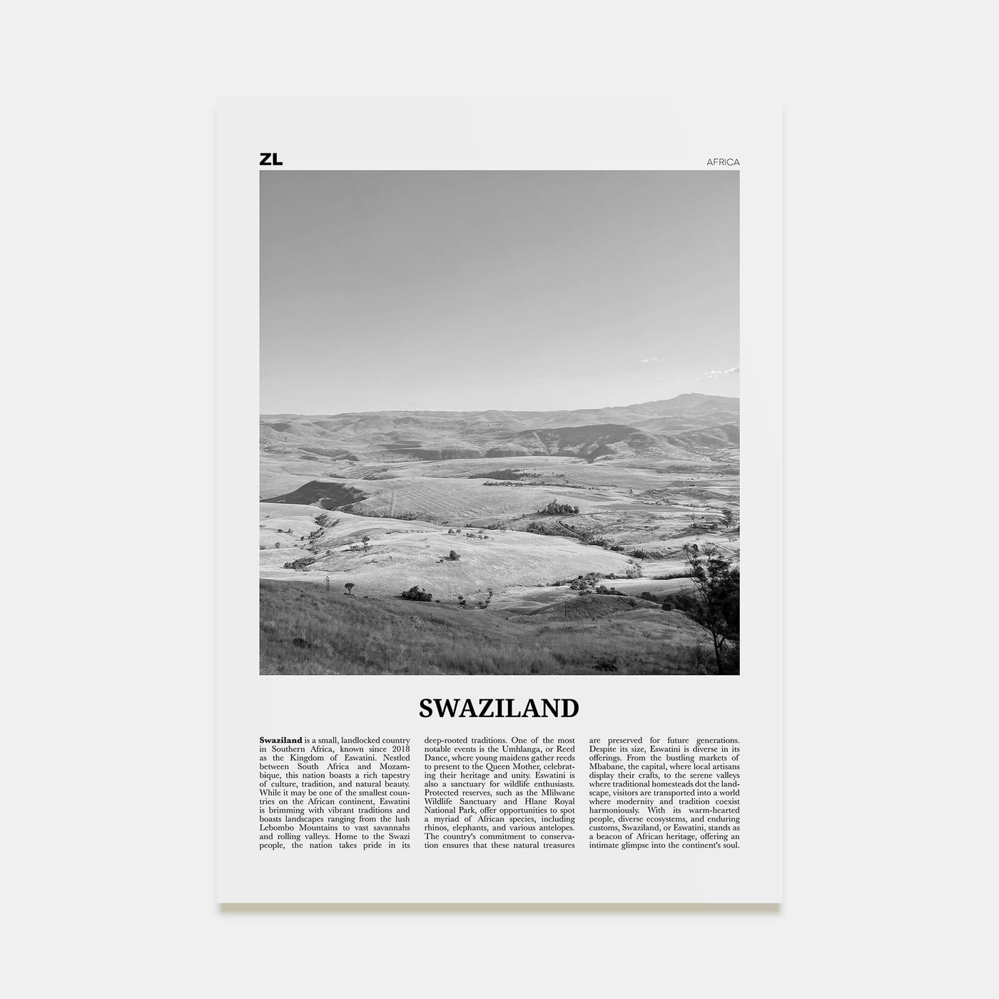 Swaziland Travel B&W Poster