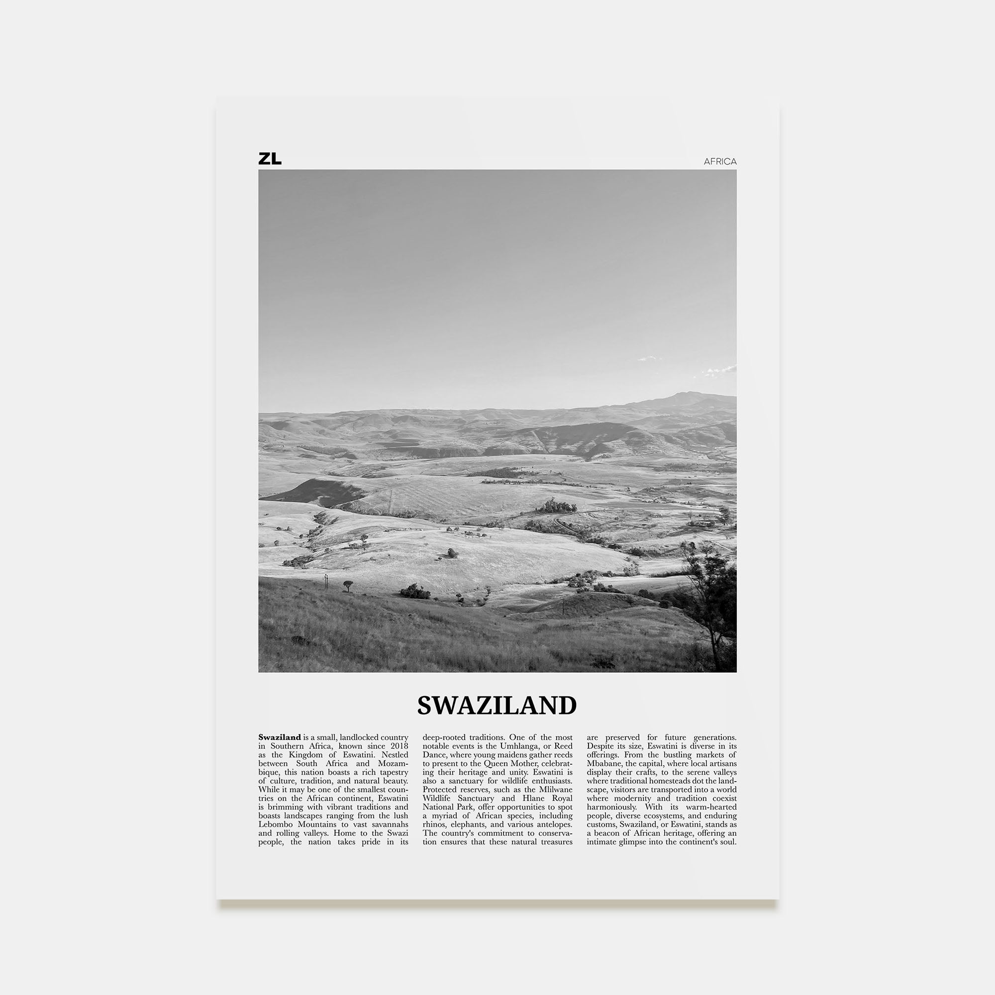 Swaziland Travel B&W Poster