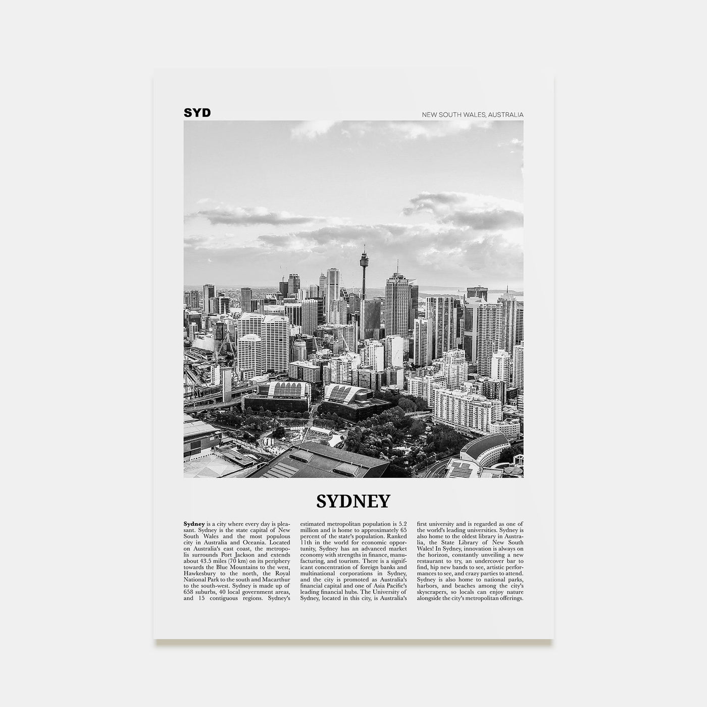 Sydney Travel B&W No 3 Poster