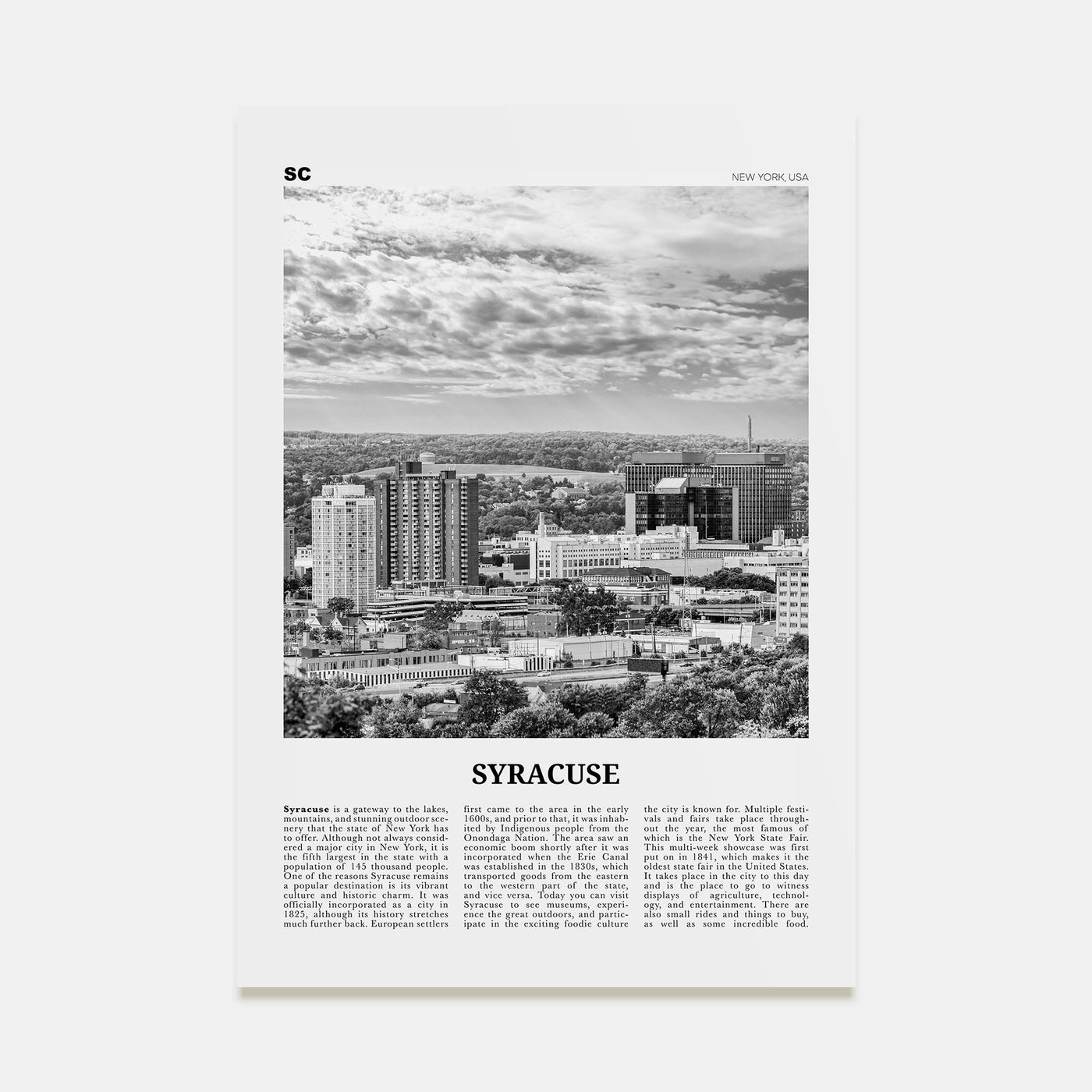 Syracuse, New York Travel B&W Poster