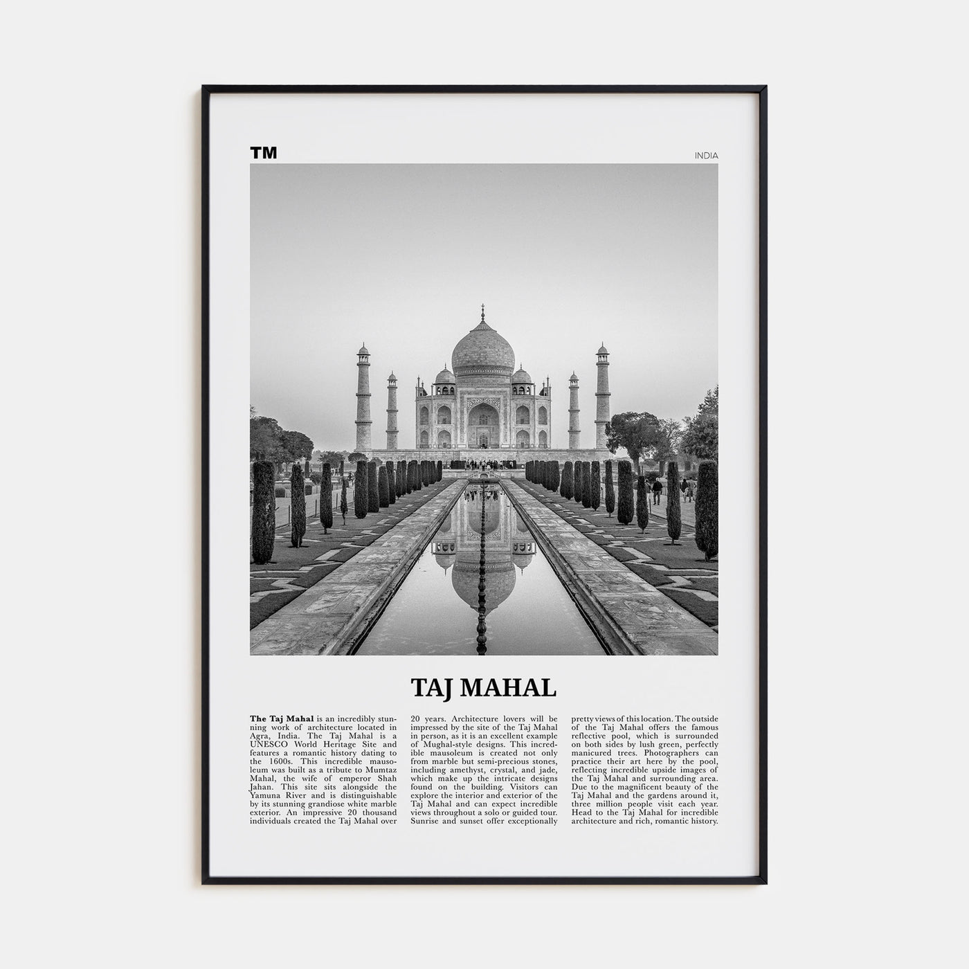 Taj Mahal Travel B&W Poster