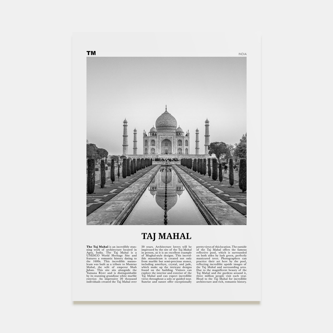 Taj Mahal Travel B&W Poster