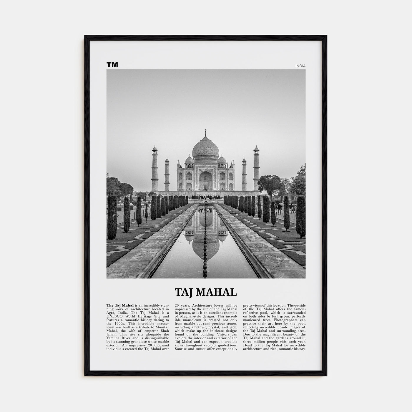 Taj Mahal Travel B&W Poster