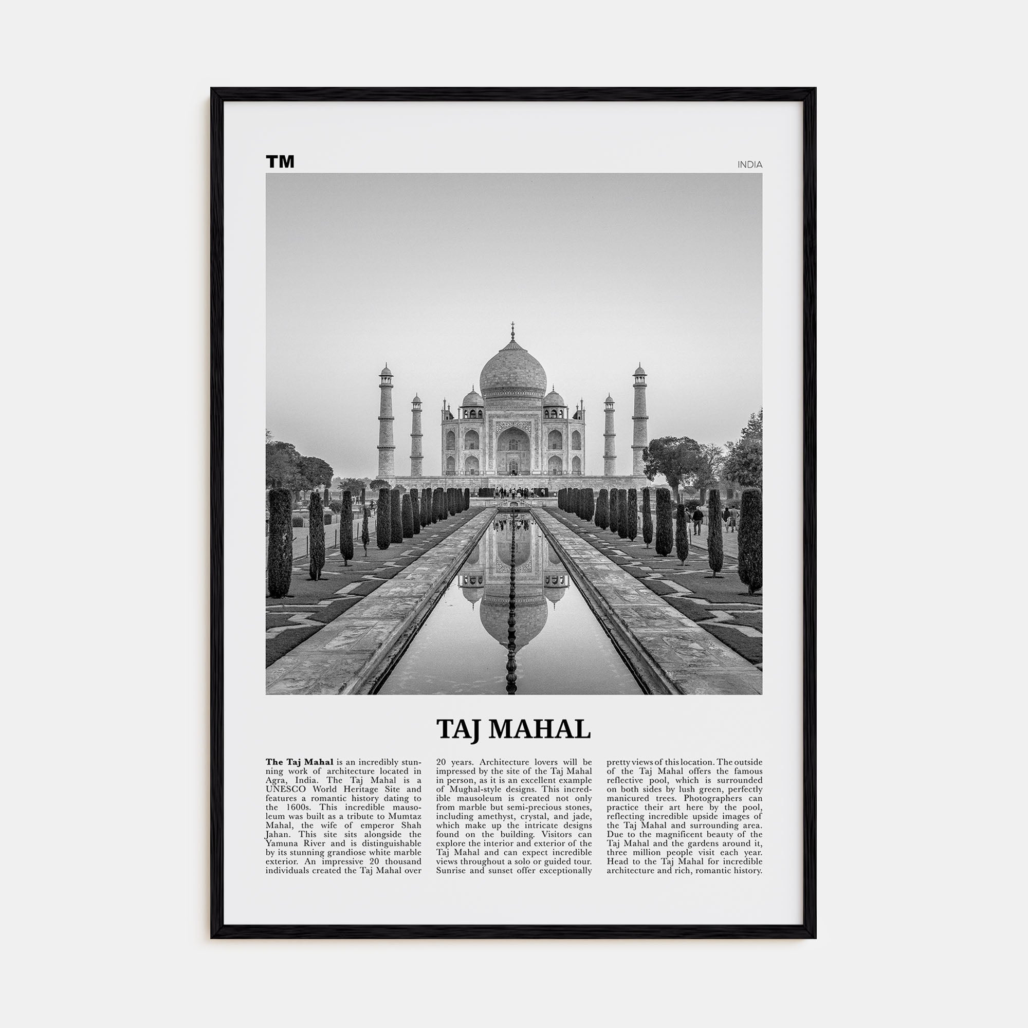 Taj Mahal Travel B&W Poster