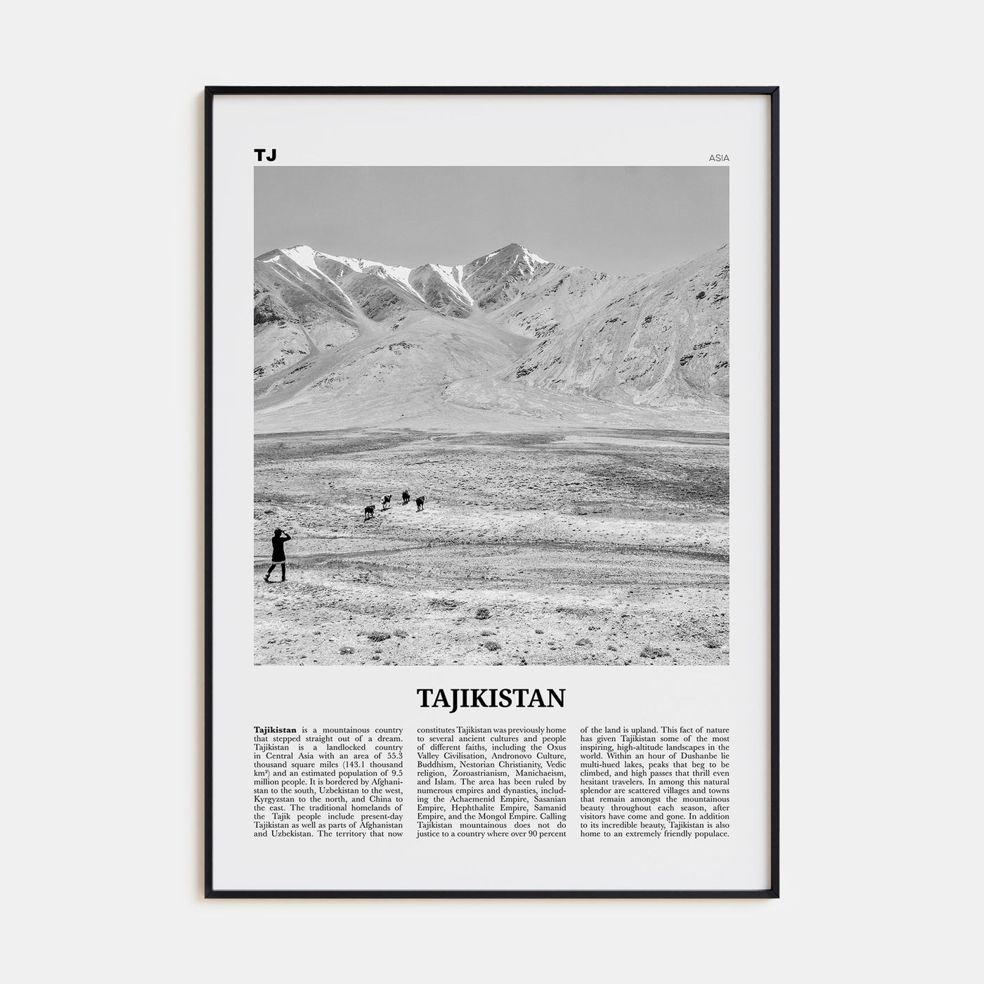 Tajikistan Travel B&W Poster