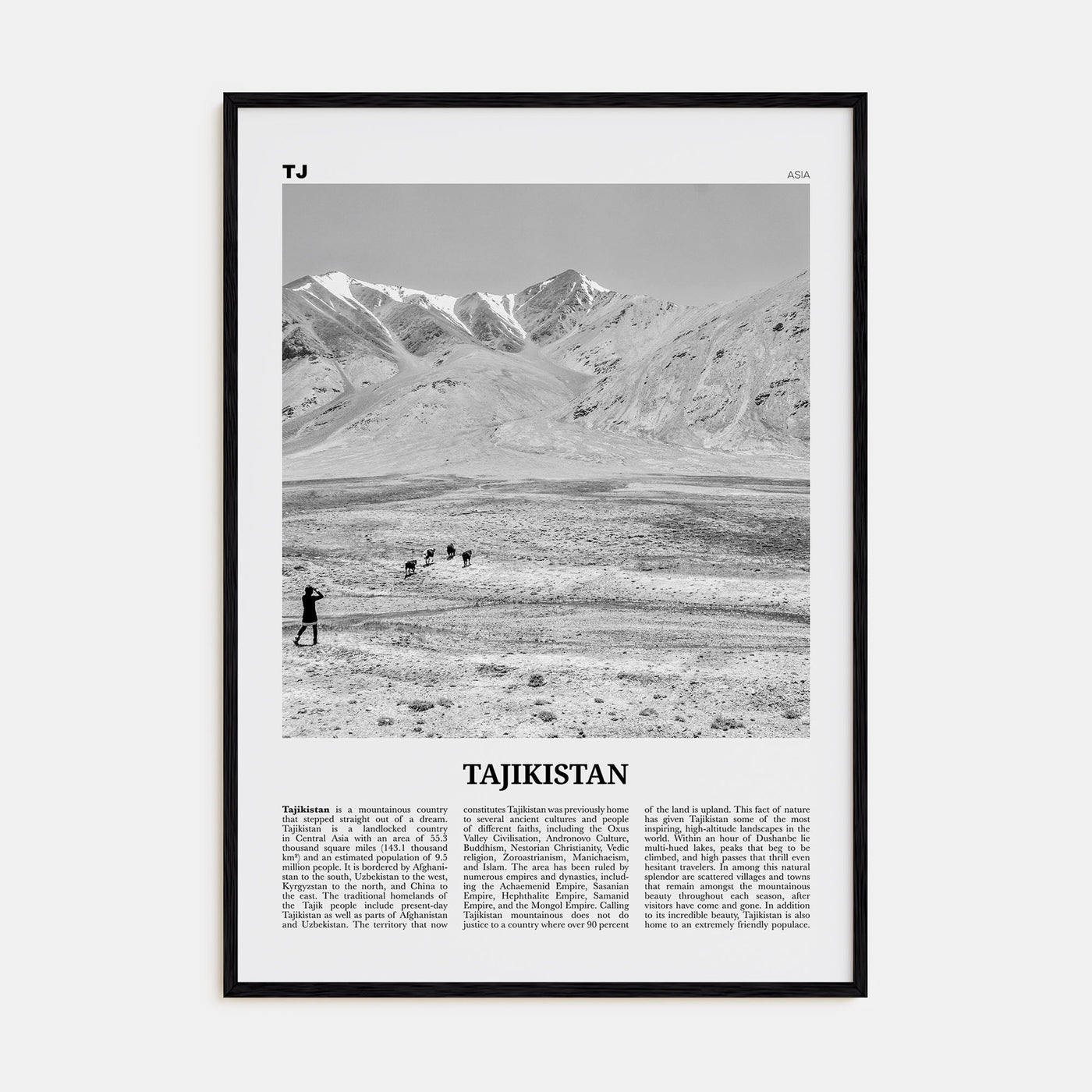 Tajikistan Travel B&W Poster