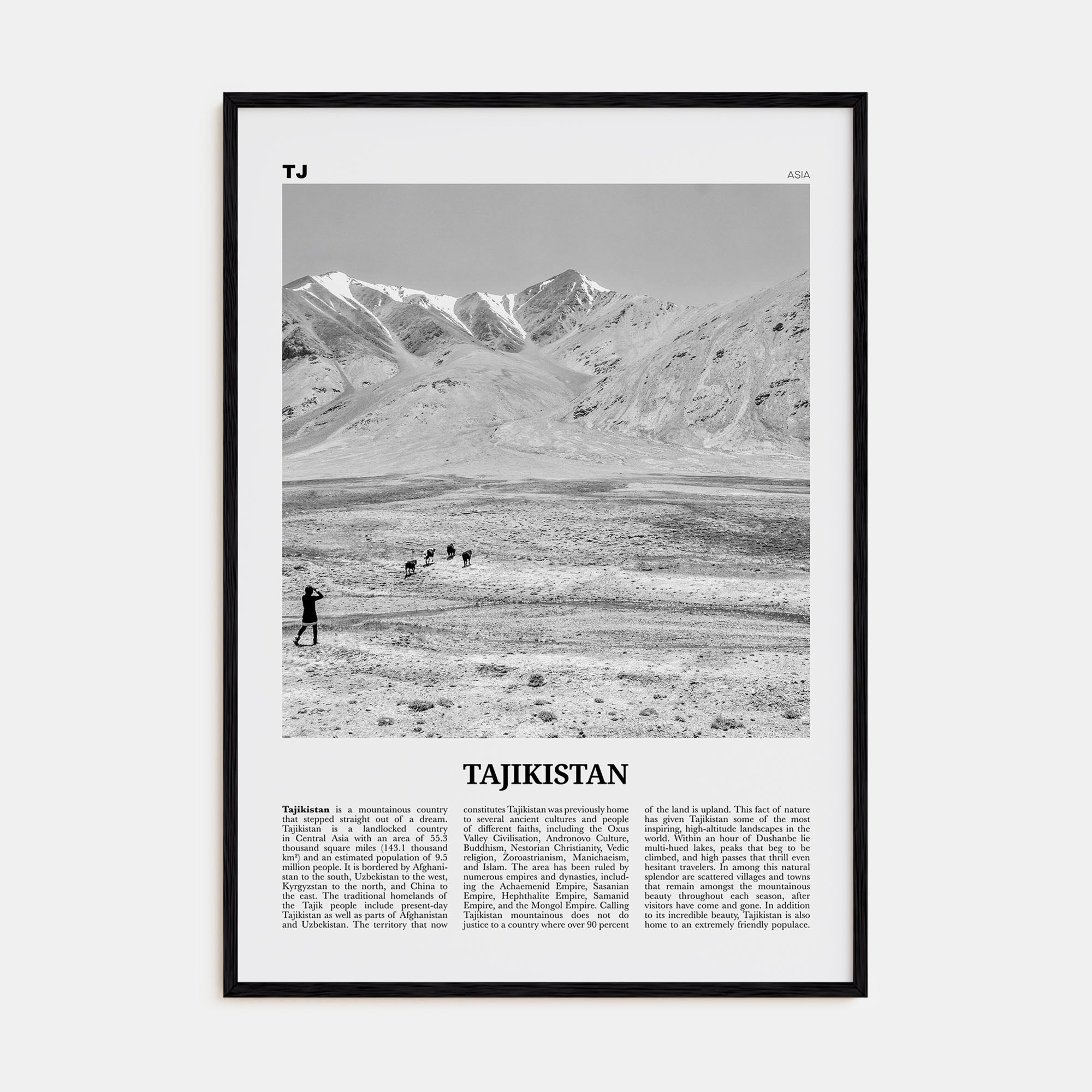 Tajikistan Travel B&W Poster