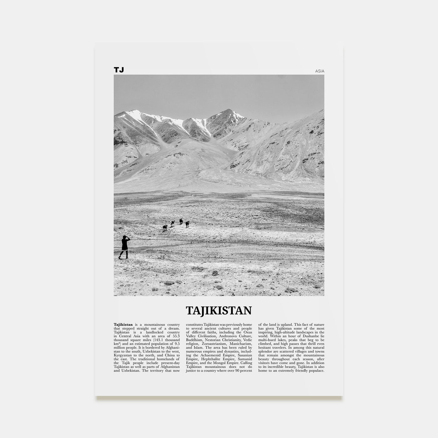 Tajikistan Travel B&W Poster