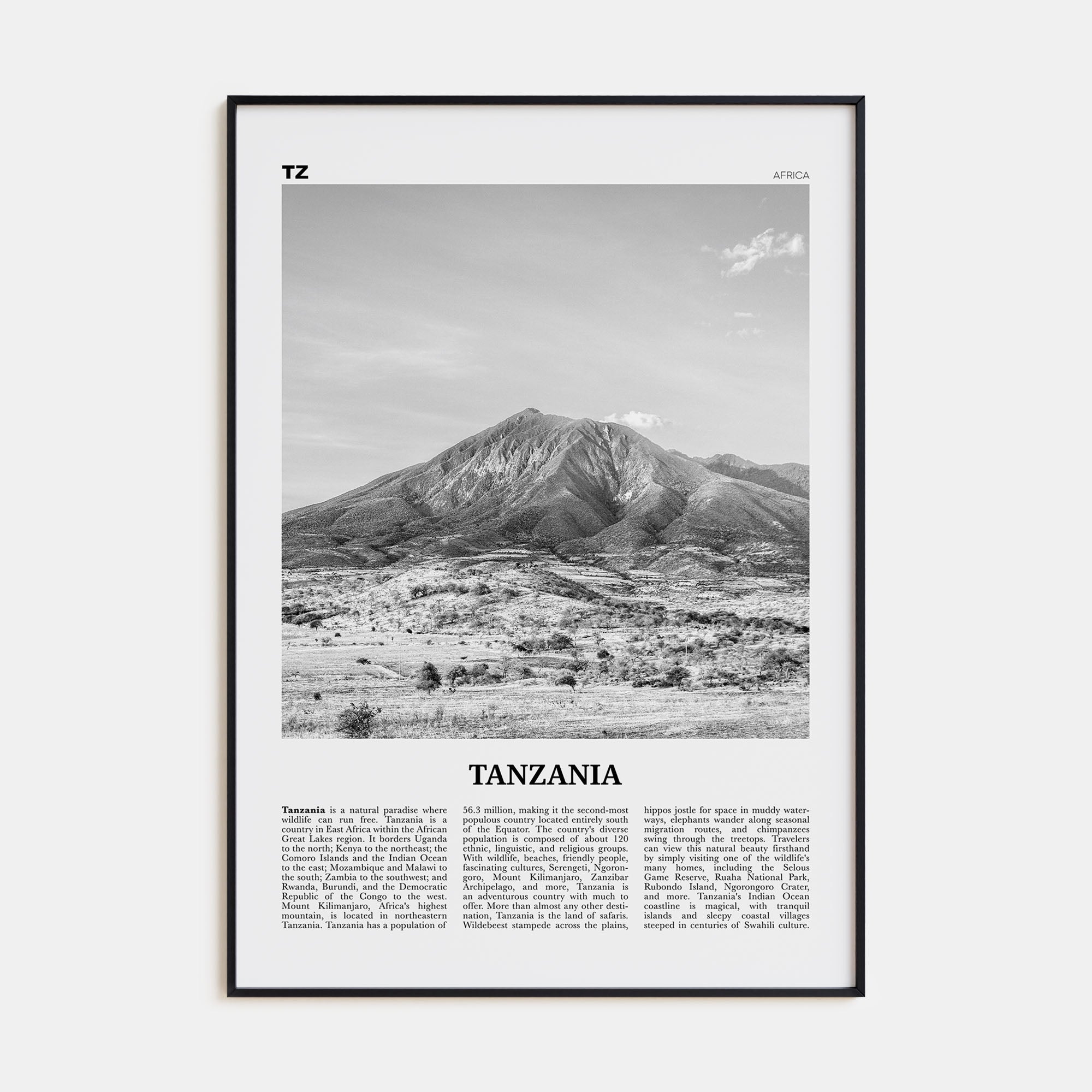 Tanzania Travel B&W Poster